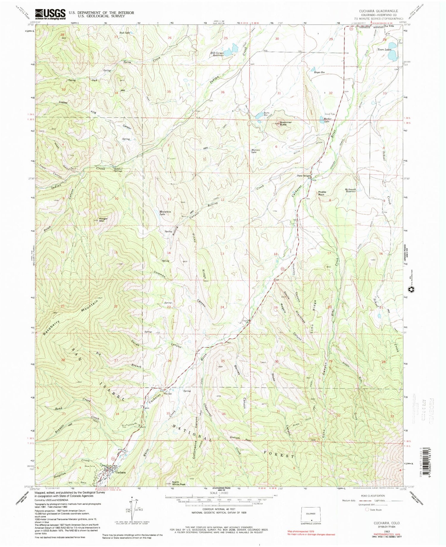 Classic USGS Cuchara Colorado 7.5'x7.5' Topo Map Image