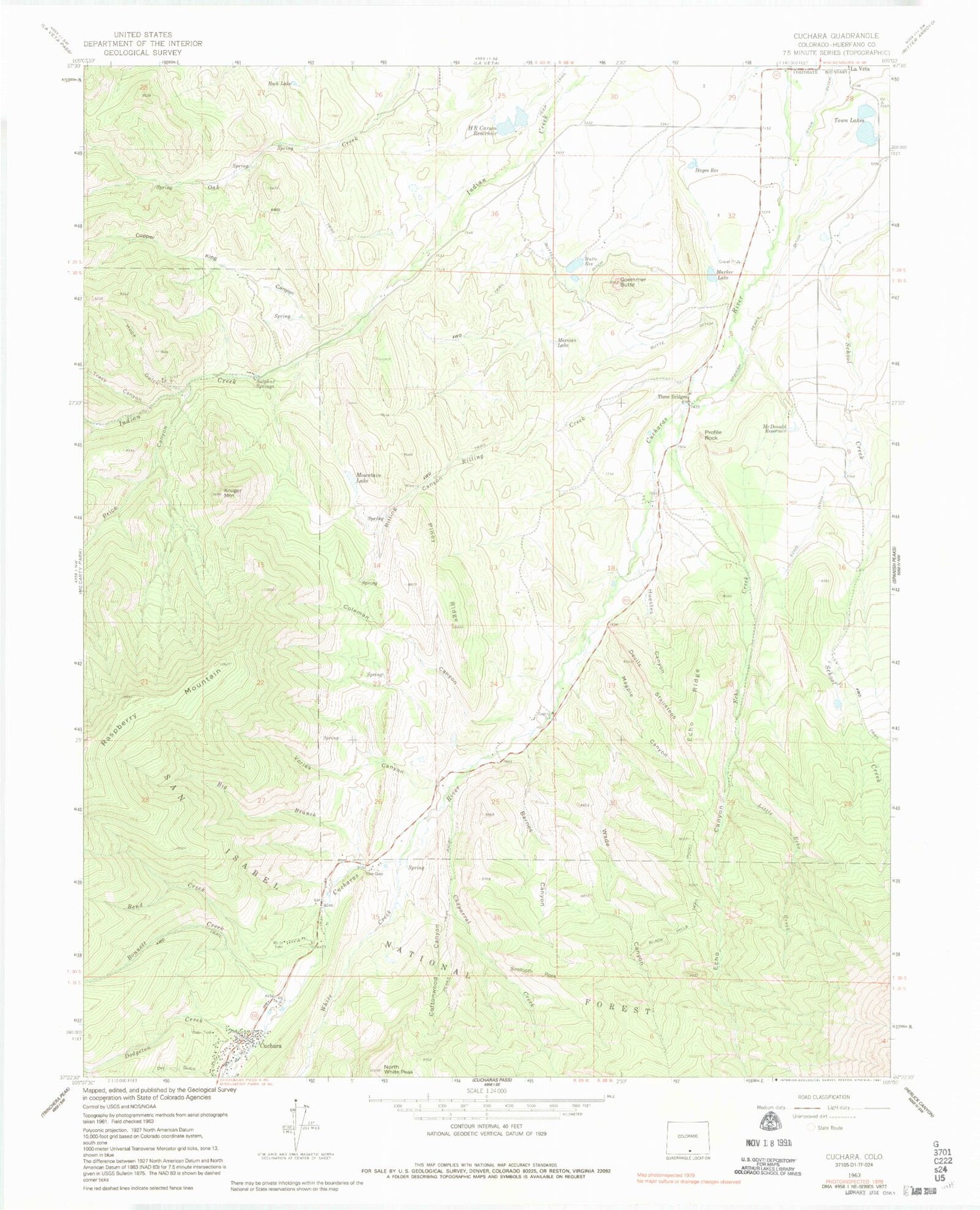 Classic USGS Cuchara Colorado 7.5'x7.5' Topo Map Image