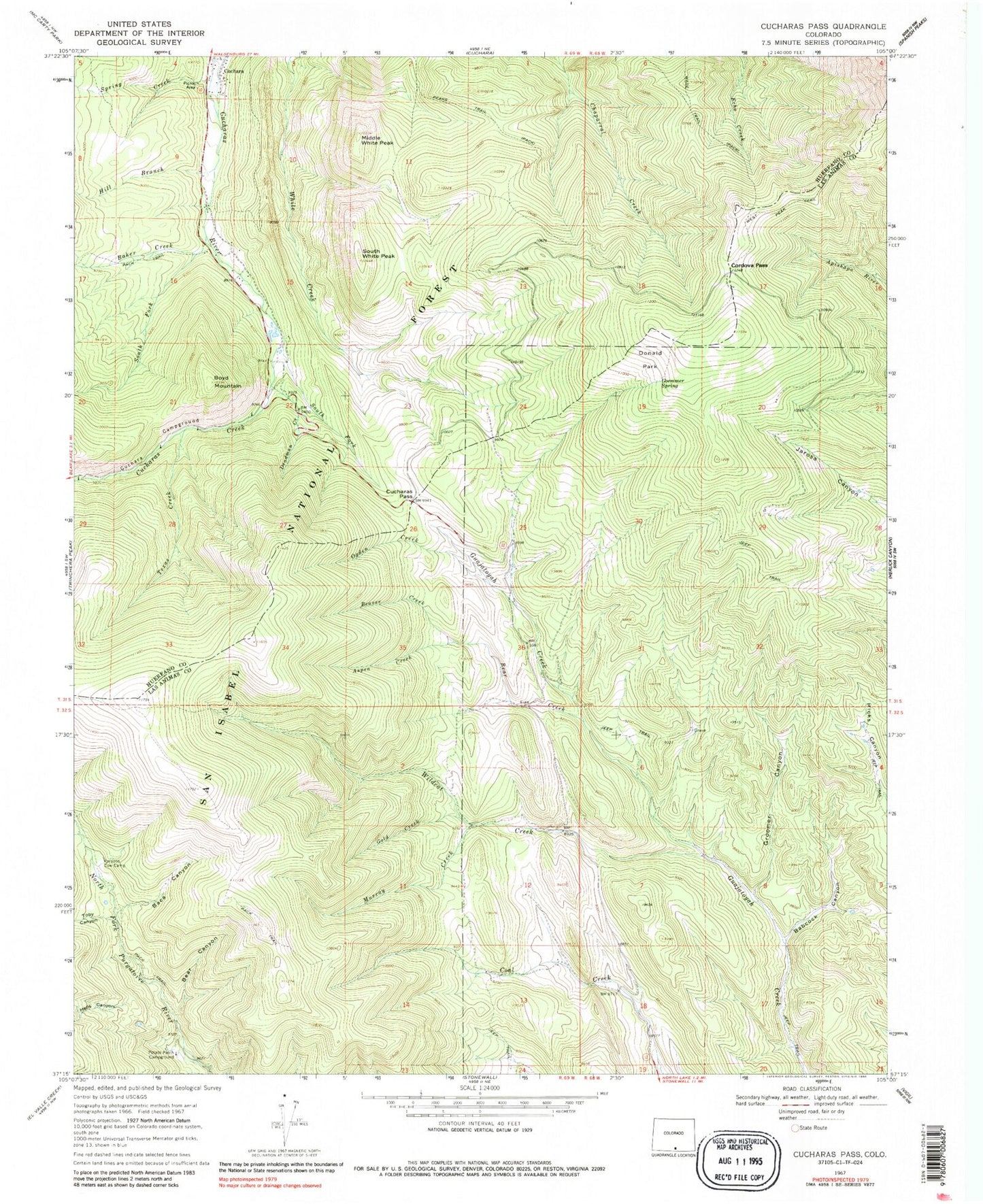 Classic USGS Cucharas Pass Colorado 7.5'x7.5' Topo Map Image