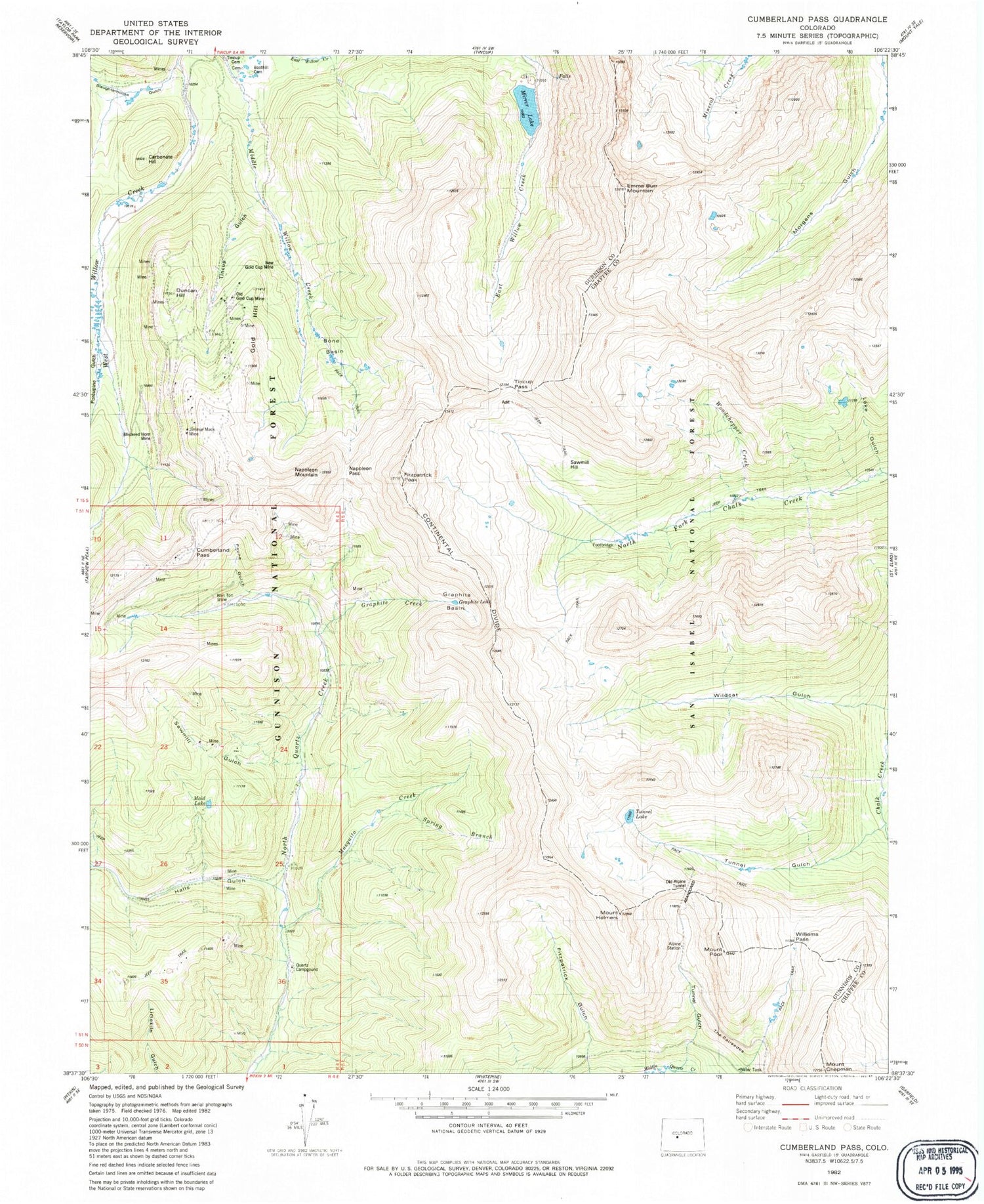 Classic USGS Cumberland Pass Colorado 7.5'x7.5' Topo Map Image
