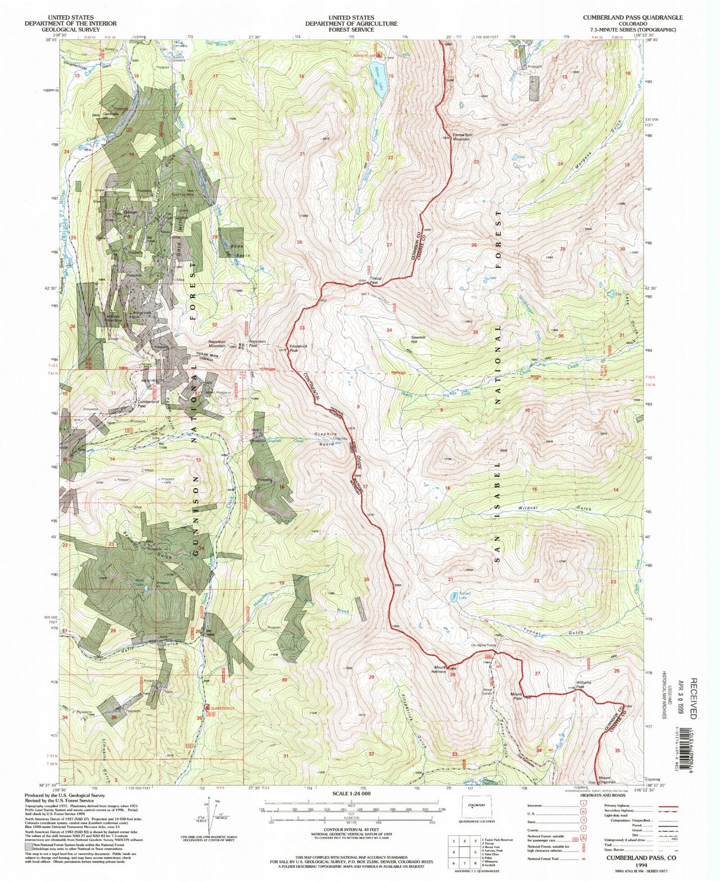 Classic USGS Cumberland Pass Colorado 7.5'x7.5' Topo Map Image