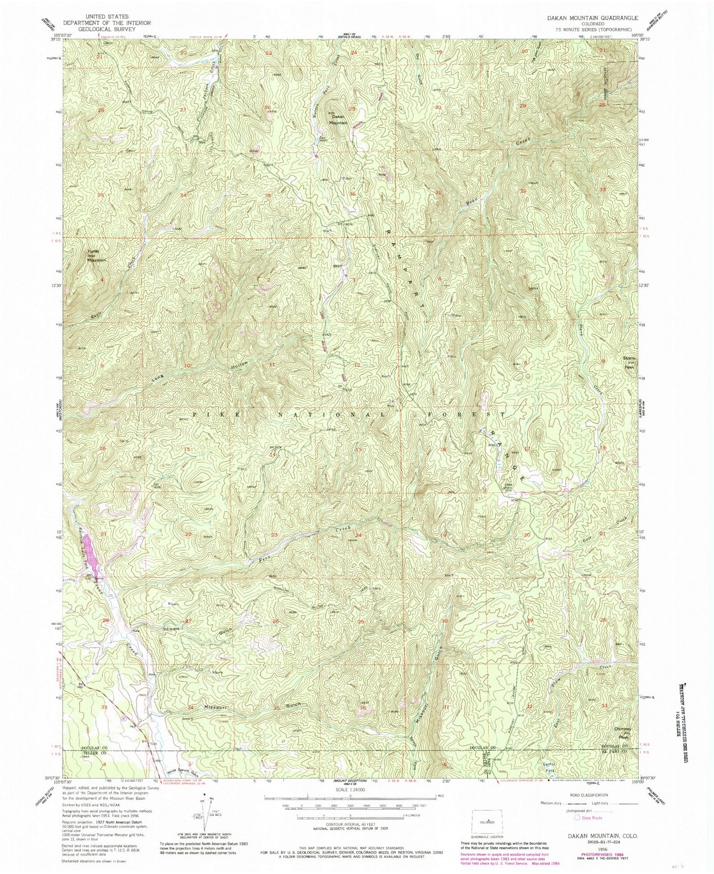 Classic USGS Dakan Mountain Colorado 7.5'x7.5' Topo Map Image