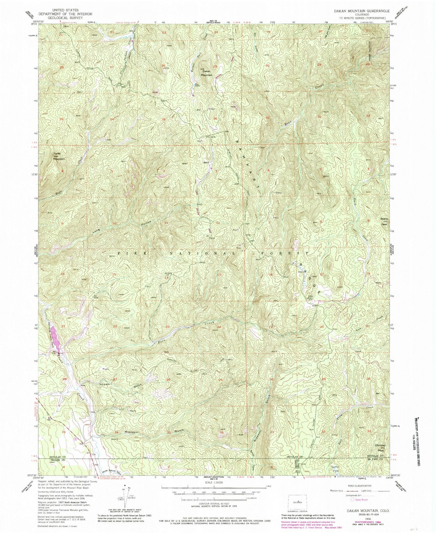 Classic USGS Dakan Mountain Colorado 7.5'x7.5' Topo Map Image