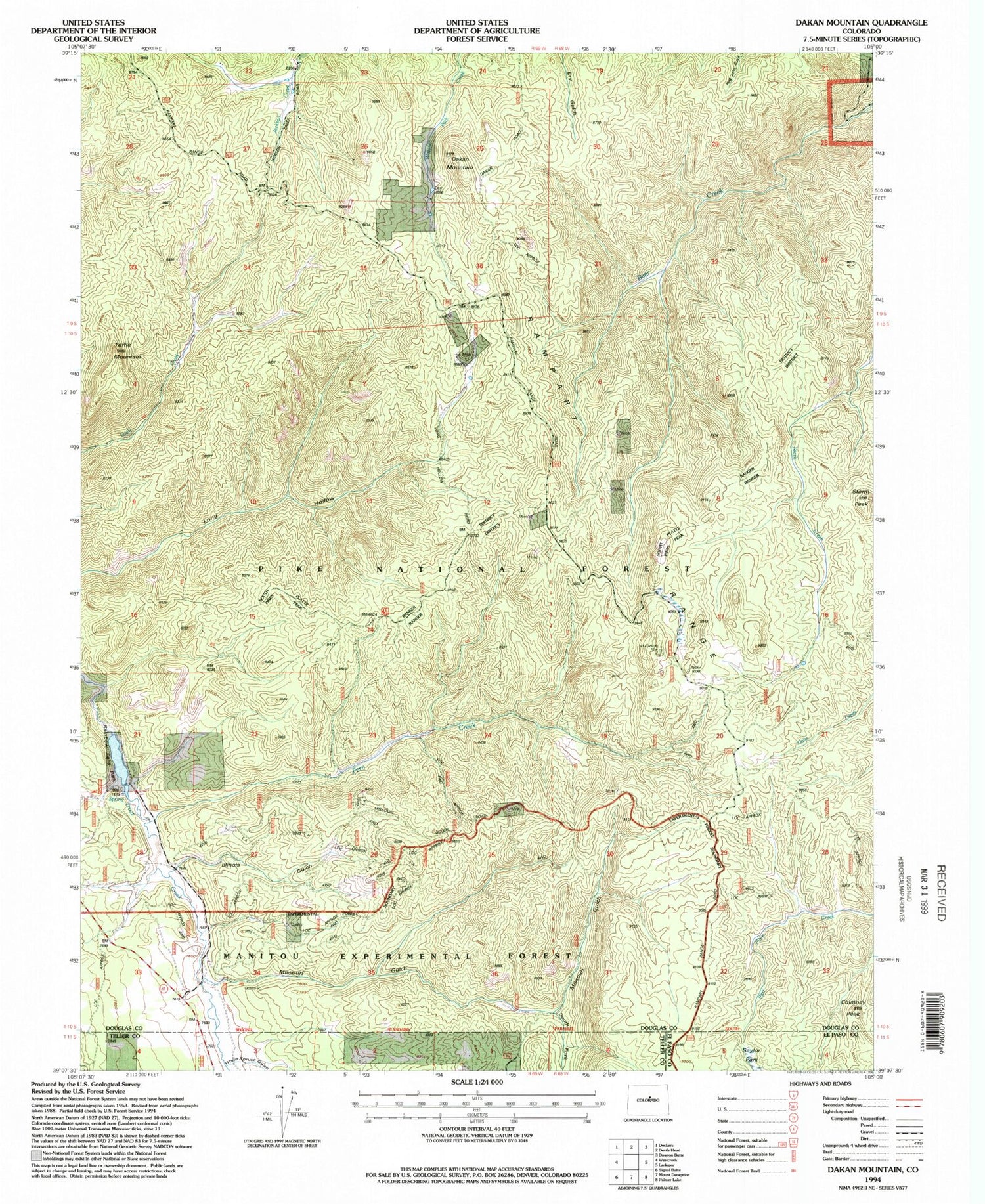 Classic USGS Dakan Mountain Colorado 7.5'x7.5' Topo Map Image