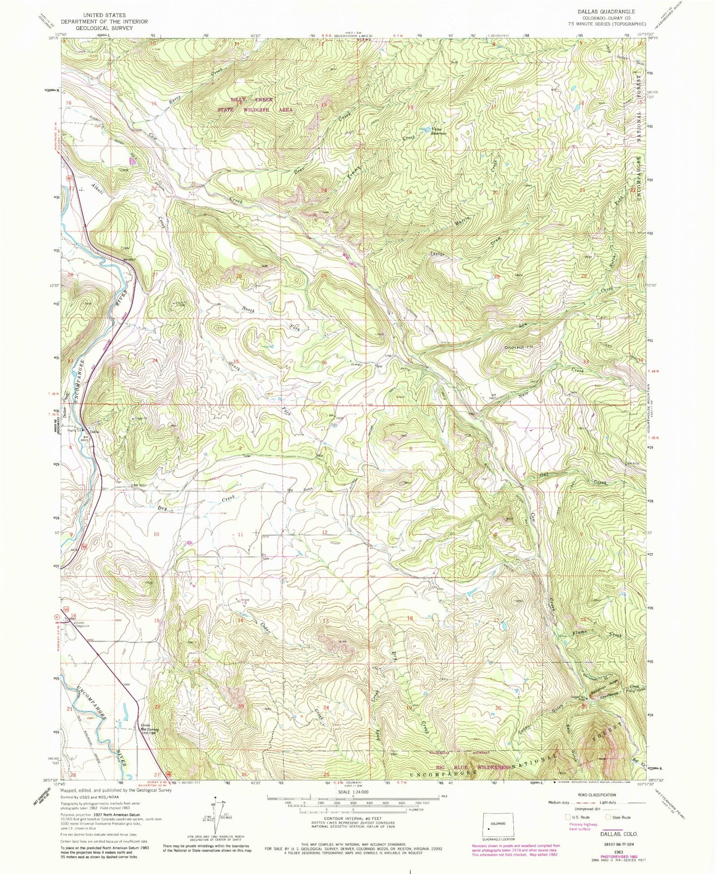 Classic USGS Dallas Colorado 7.5'x7.5' Topo Map Image