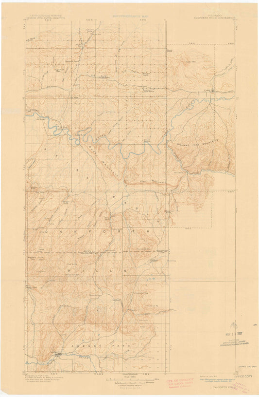 Historic 1910 Danforth Hills Colorado 30'x30' Topo Map Image