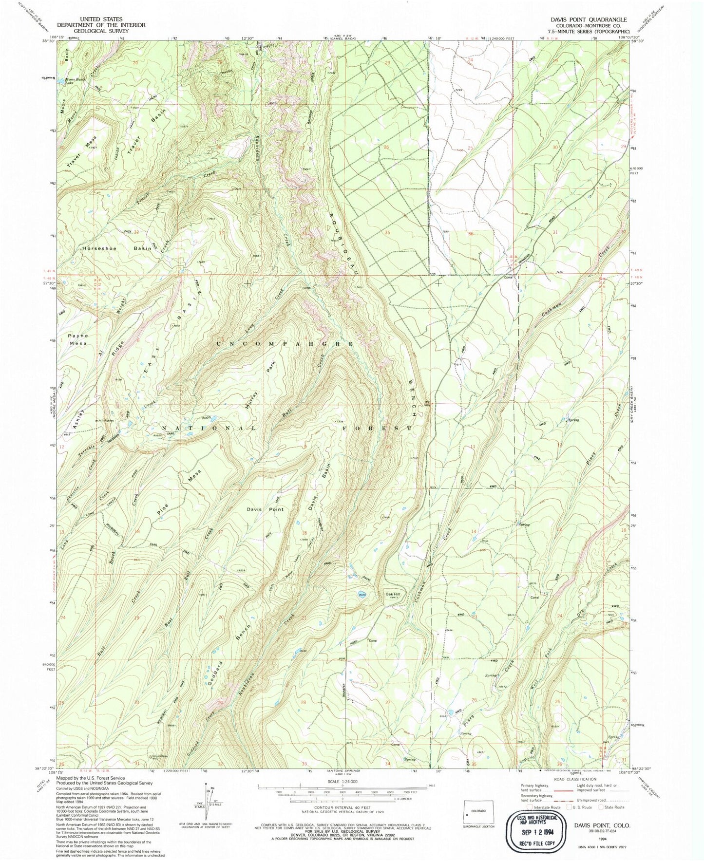 Classic USGS Davis Point Colorado 7.5'x7.5' Topo Map Image