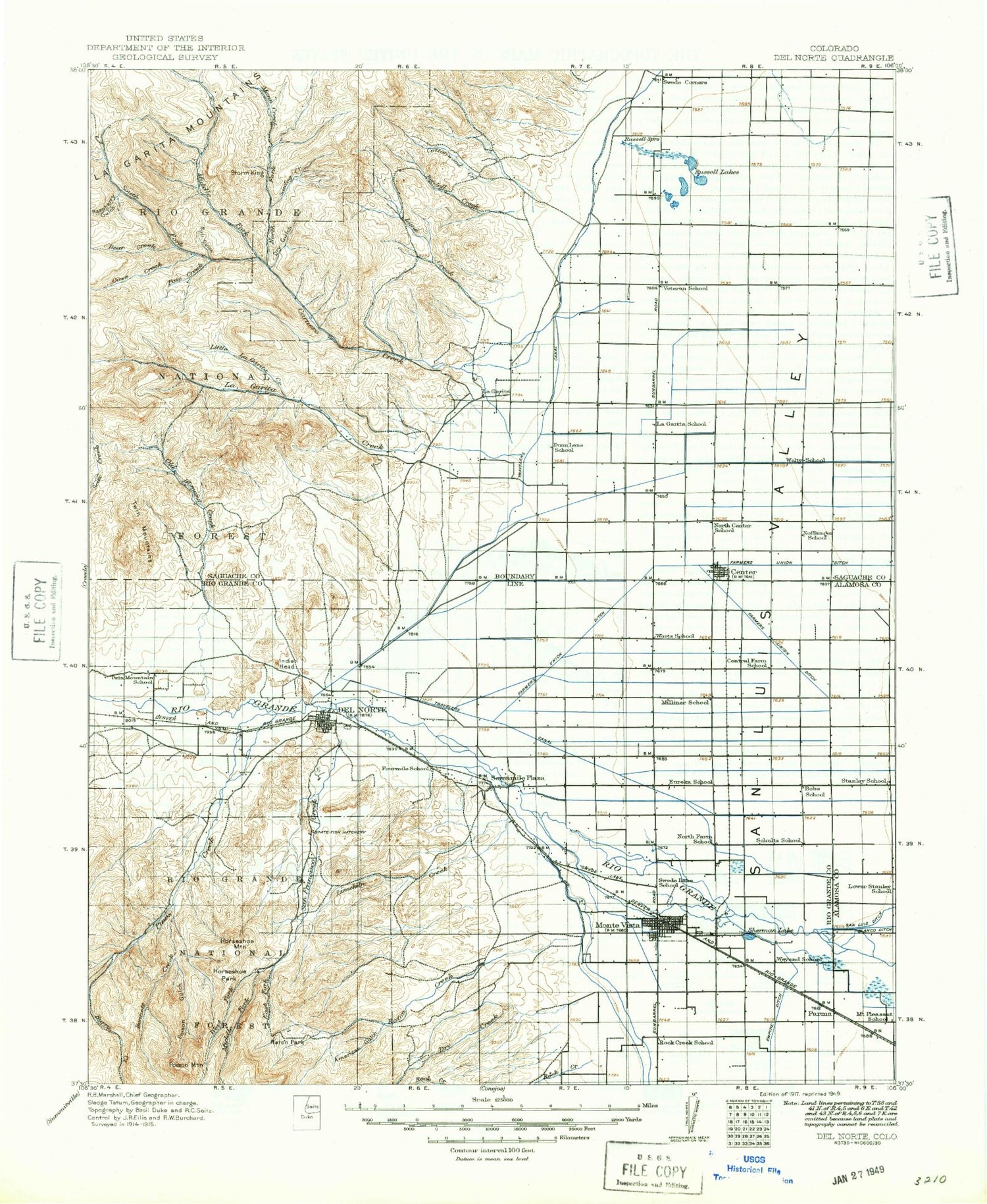 Historic 1917 Del Norte Colorado 30'x30' Topo Map Image