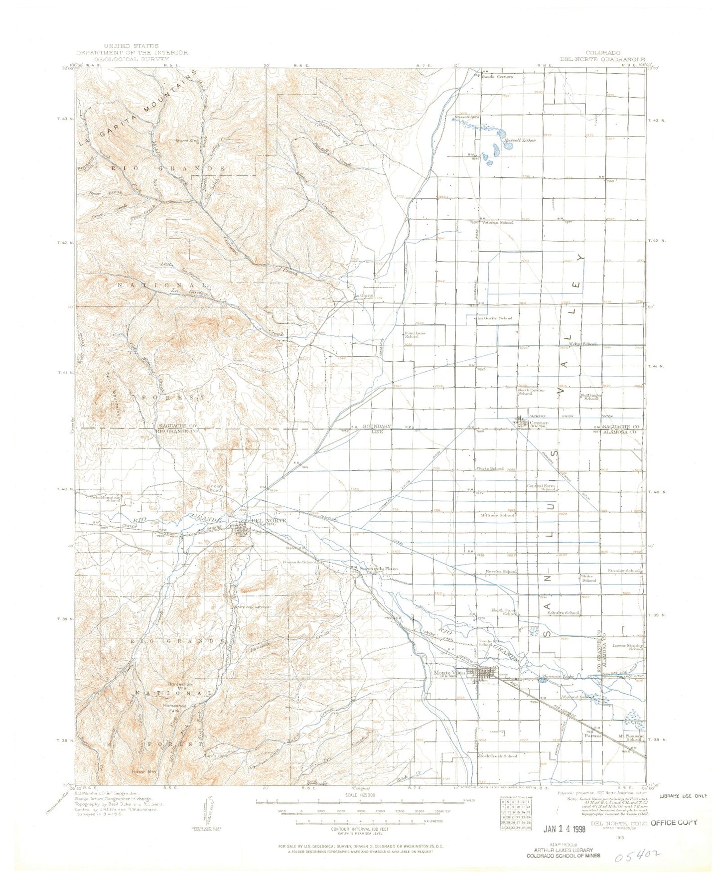 Historic 1915 Del Norte Colorado 30'x30' Topo Map Image