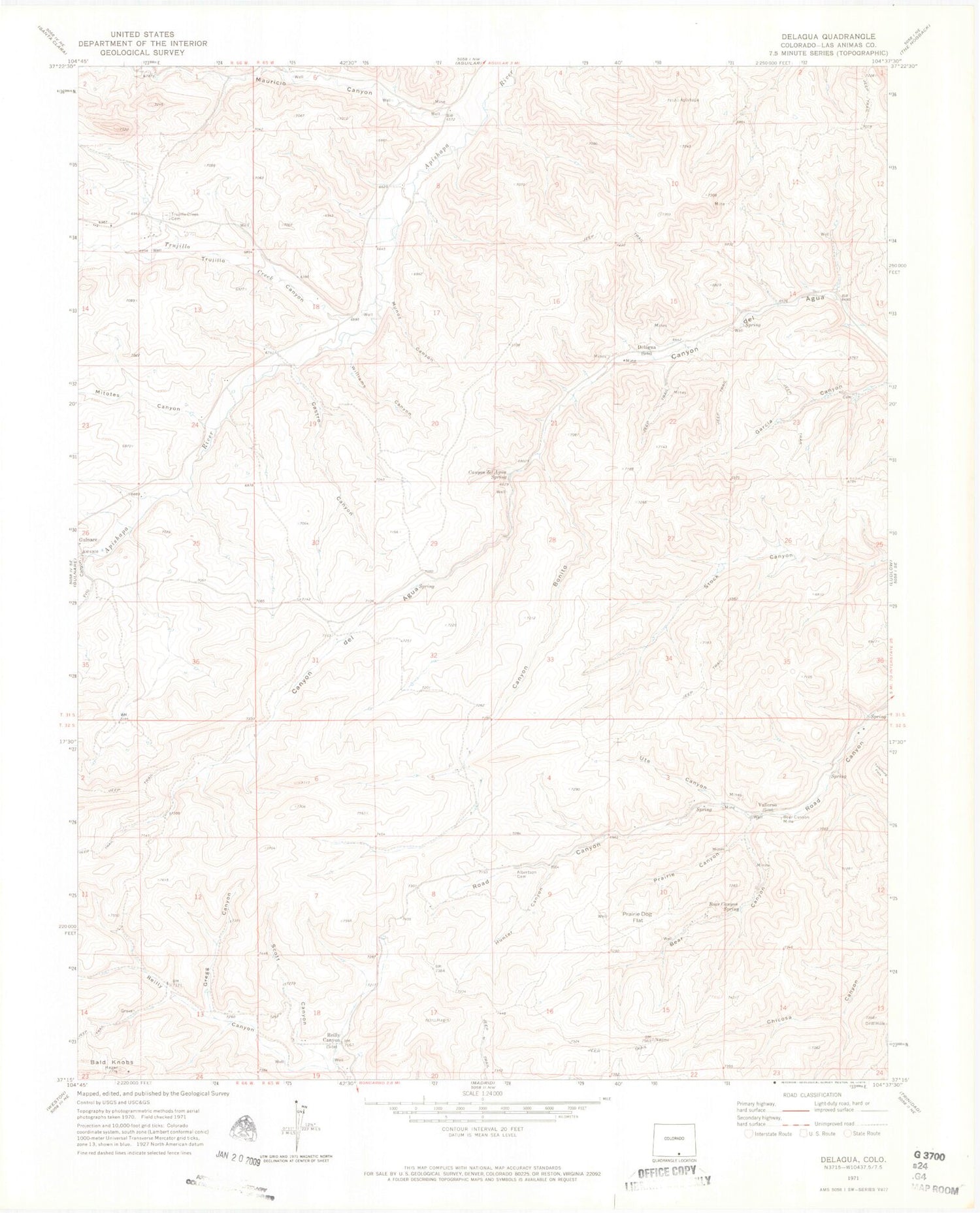 Classic USGS Delagua Colorado 7.5'x7.5' Topo Map Image