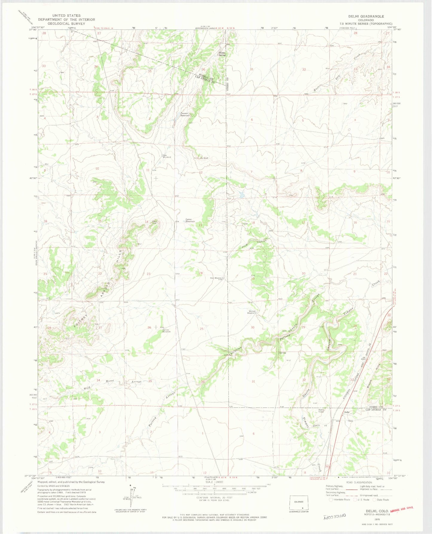Classic USGS Delhi Colorado 7.5'x7.5' Topo Map Image