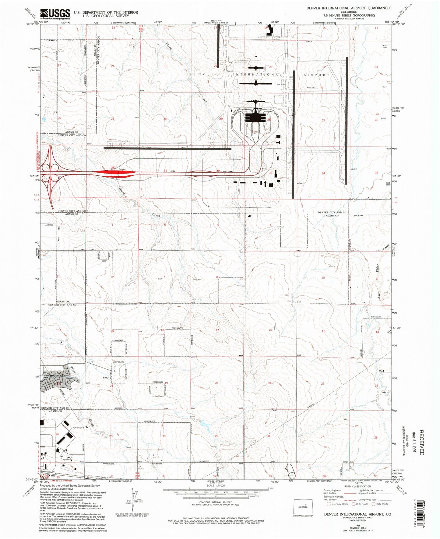 Classic USGS Denver International Airport Colorado 7.5'x7.5' Topo Map Image