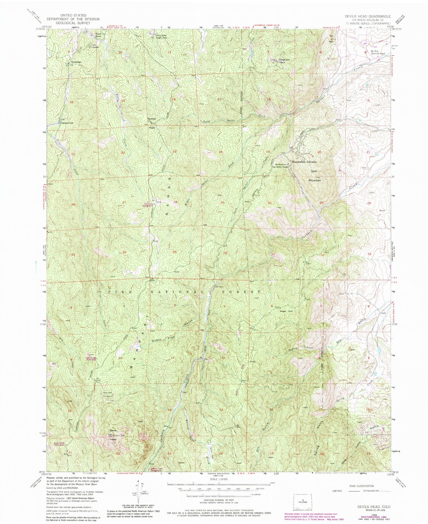 Classic USGS Devils Head Colorado 7.5'x7.5' Topo Map Image