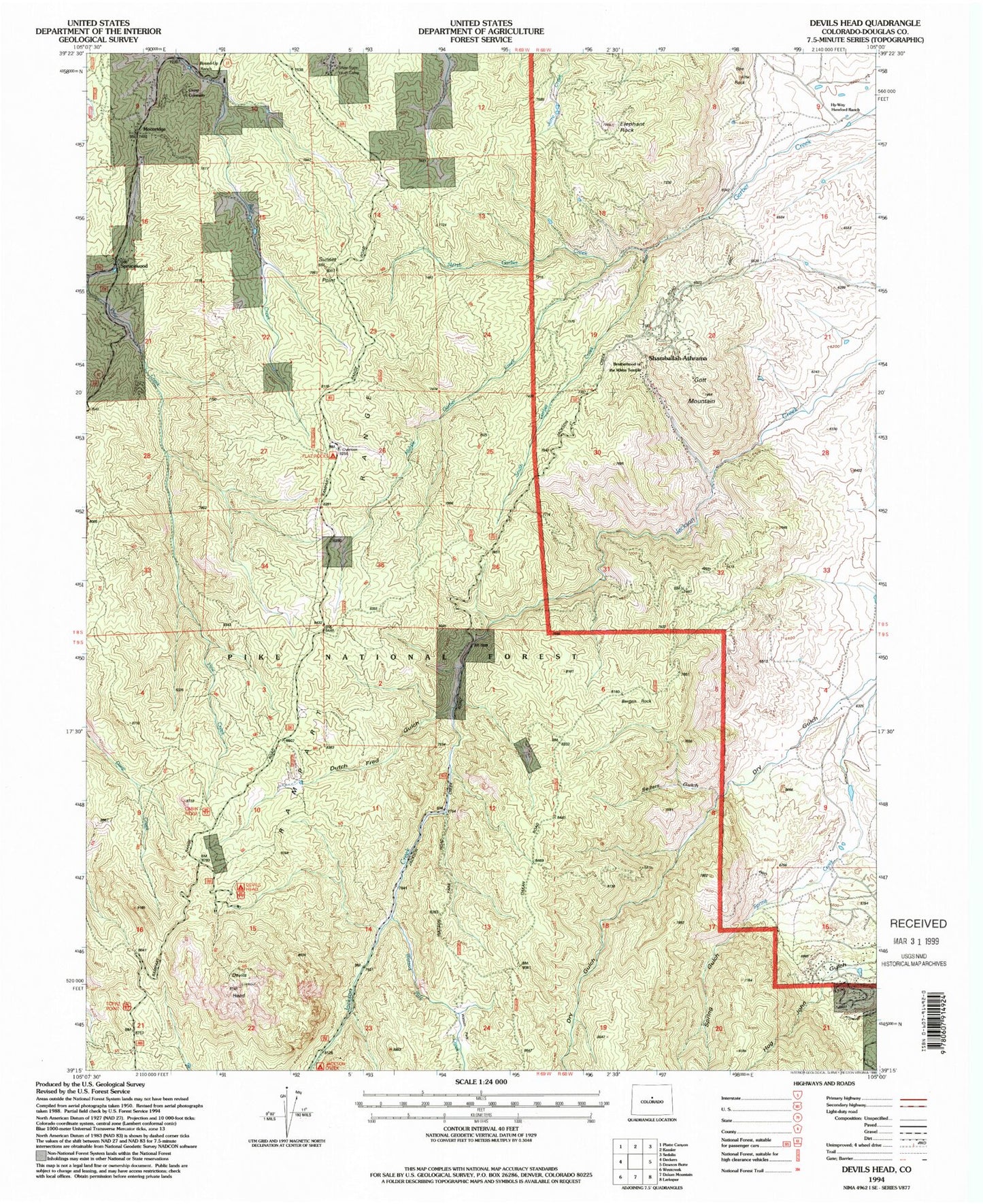 Classic USGS Devils Head Colorado 7.5'x7.5' Topo Map Image