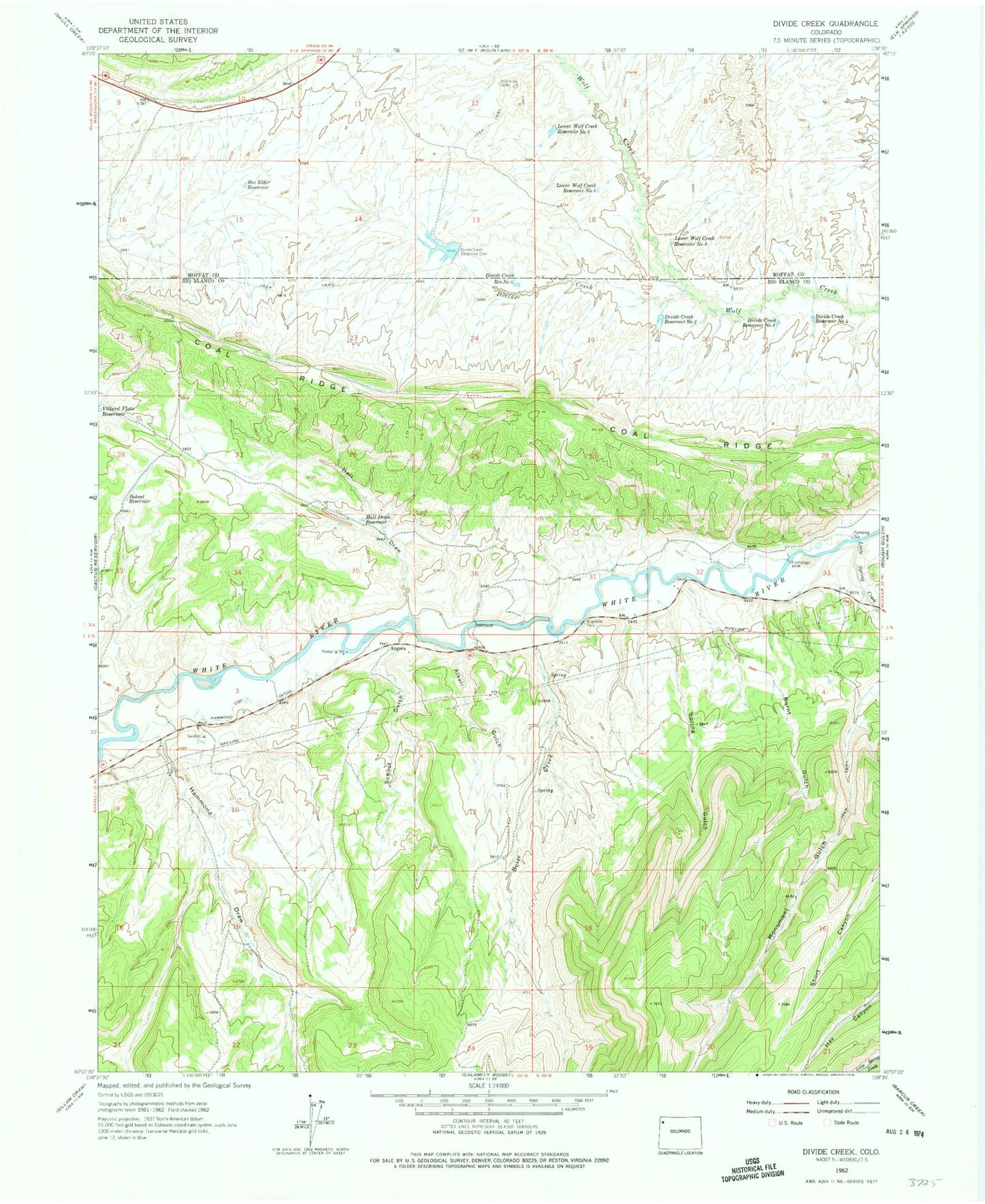 Classic USGS Divide Creek Colorado 7.5'x7.5' Topo Map Image