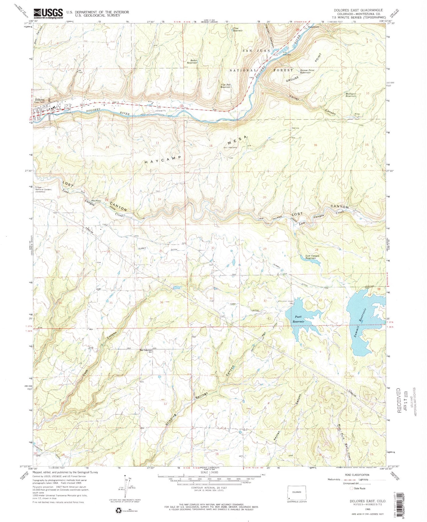 Classic USGS Dolores East Colorado 7.5'x7.5' Topo Map Image