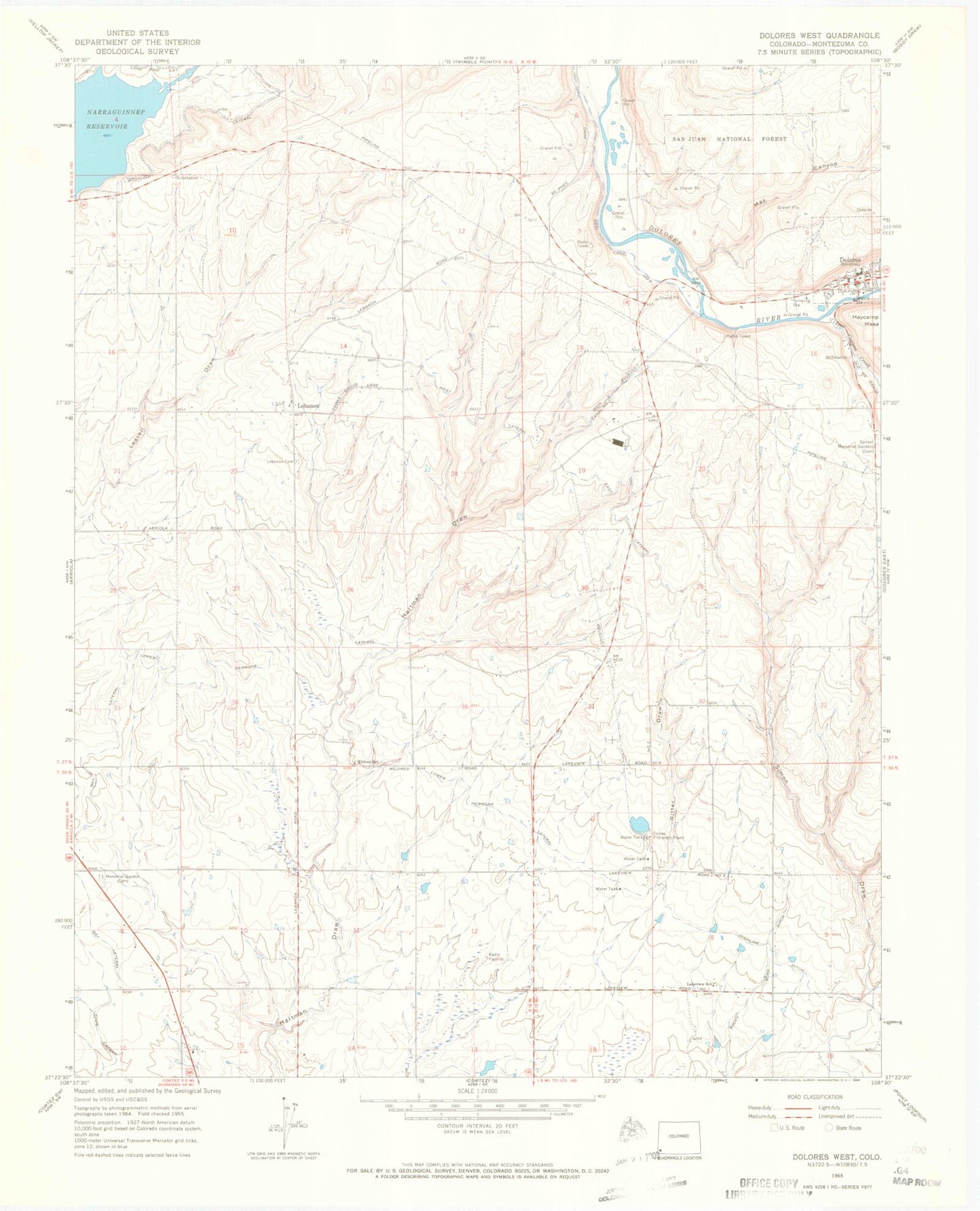 Classic USGS Dolores West Colorado 7.5'x7.5' Topo Map Image