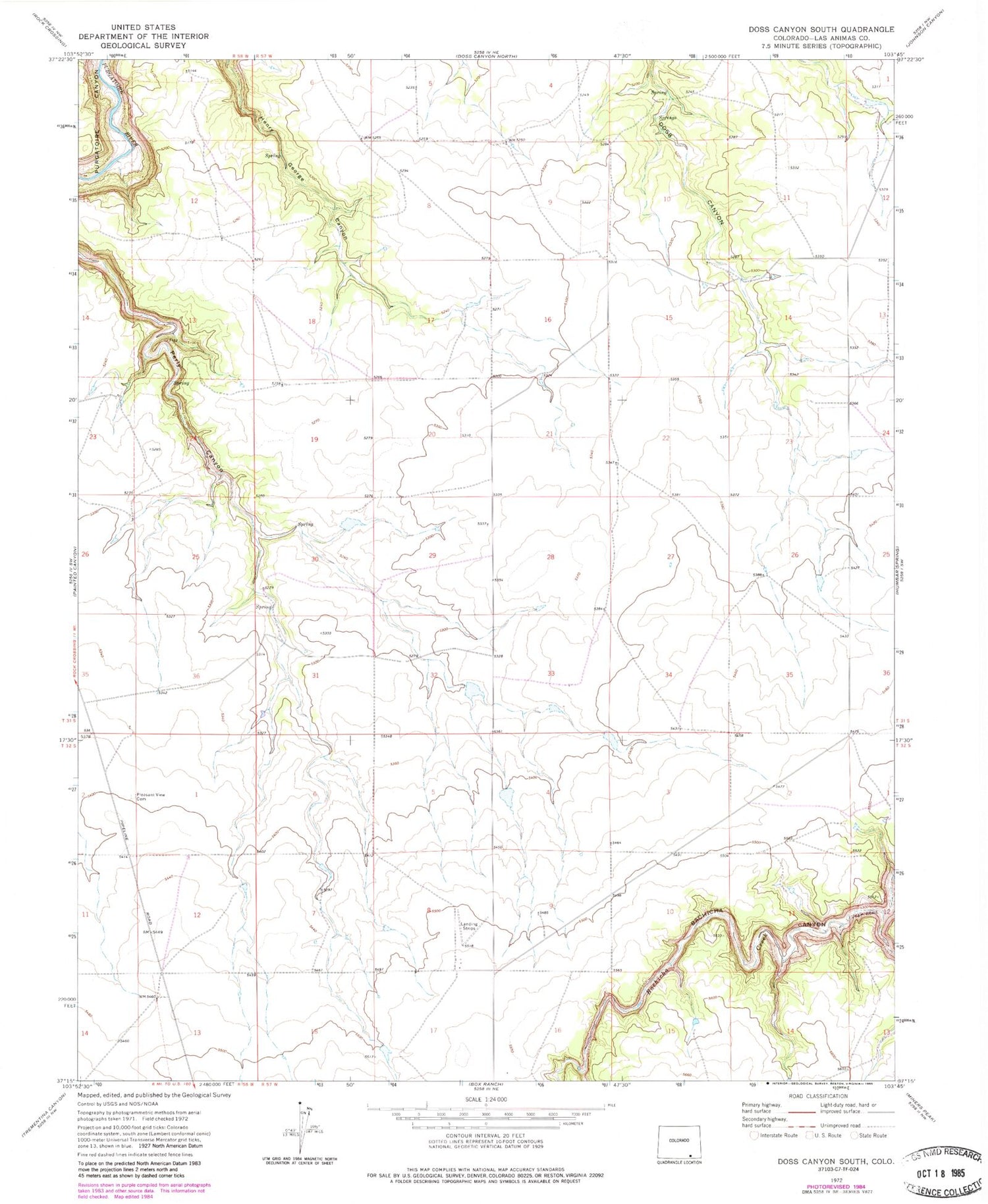 Classic USGS Doss Canyon South Colorado 7.5'x7.5' Topo Map Image