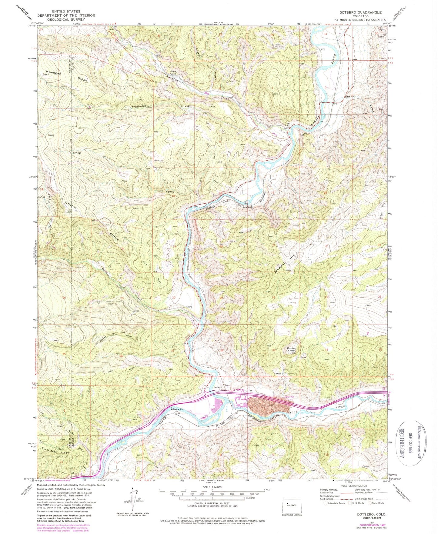Classic USGS Dotsero Colorado 7.5'x7.5' Topo Map Image