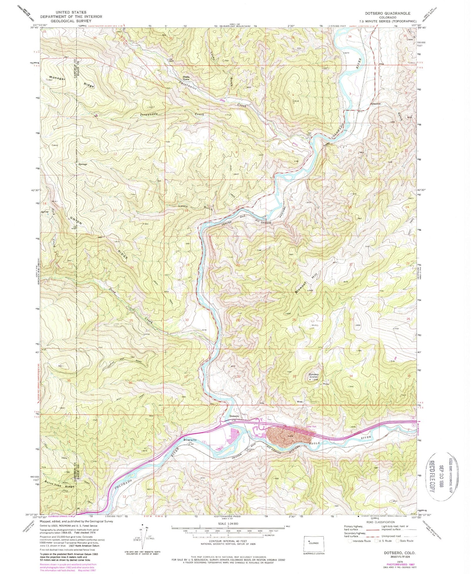 Classic USGS Dotsero Colorado 7.5'x7.5' Topo Map Image