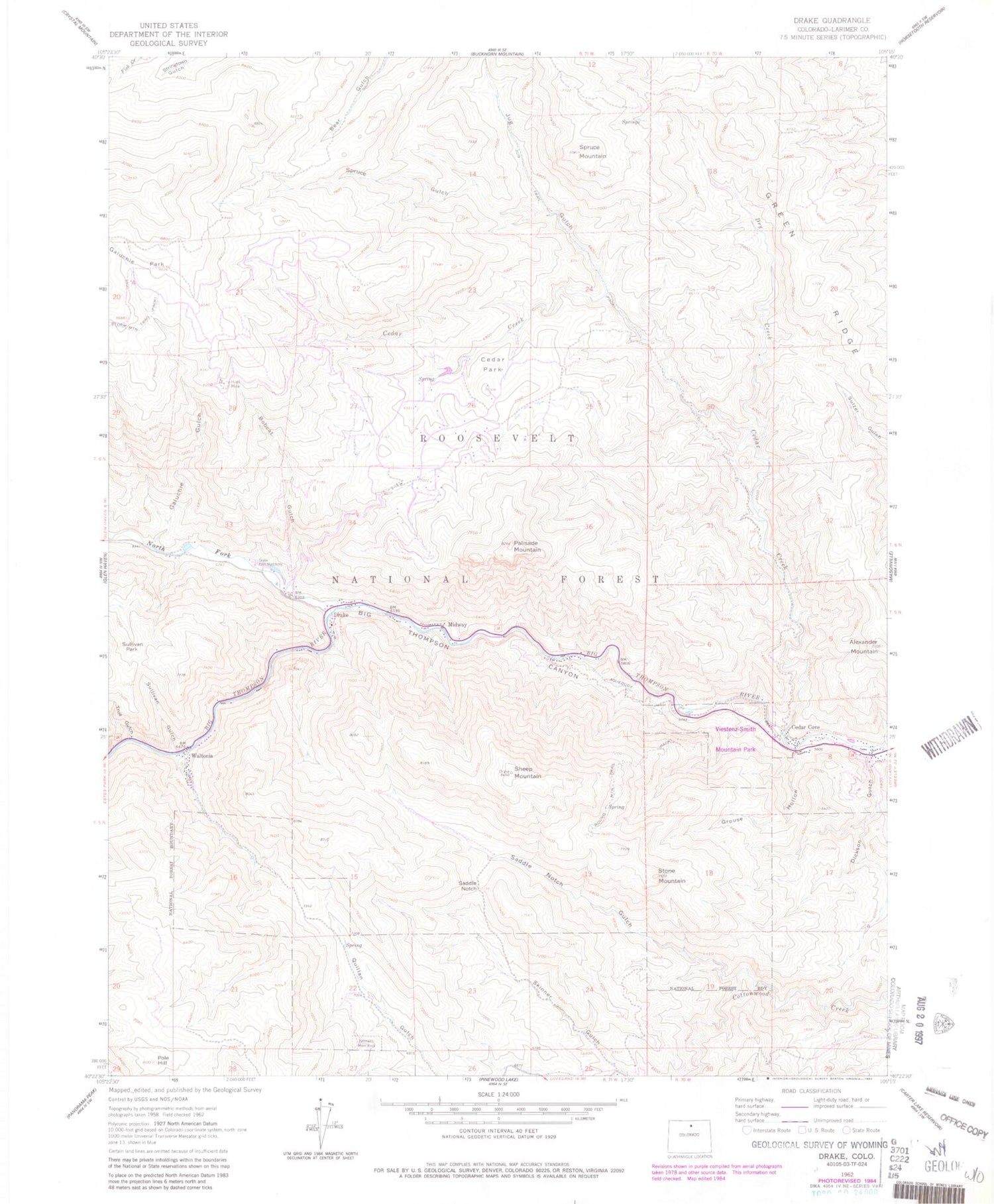 Classic USGS Drake Colorado 7.5'x7.5' Topo Map Image