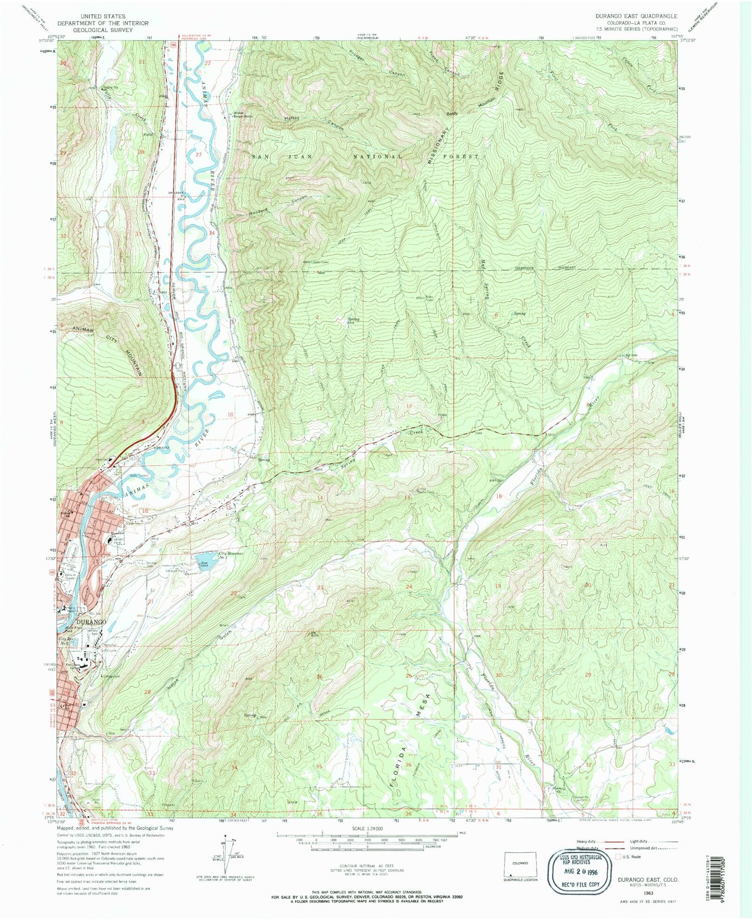 Classic USGS Durango East Colorado 7.5'x7.5' Topo Map Image