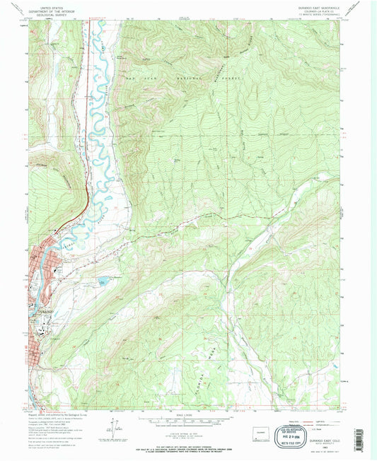 Classic USGS Durango East Colorado 7.5'x7.5' Topo Map Image