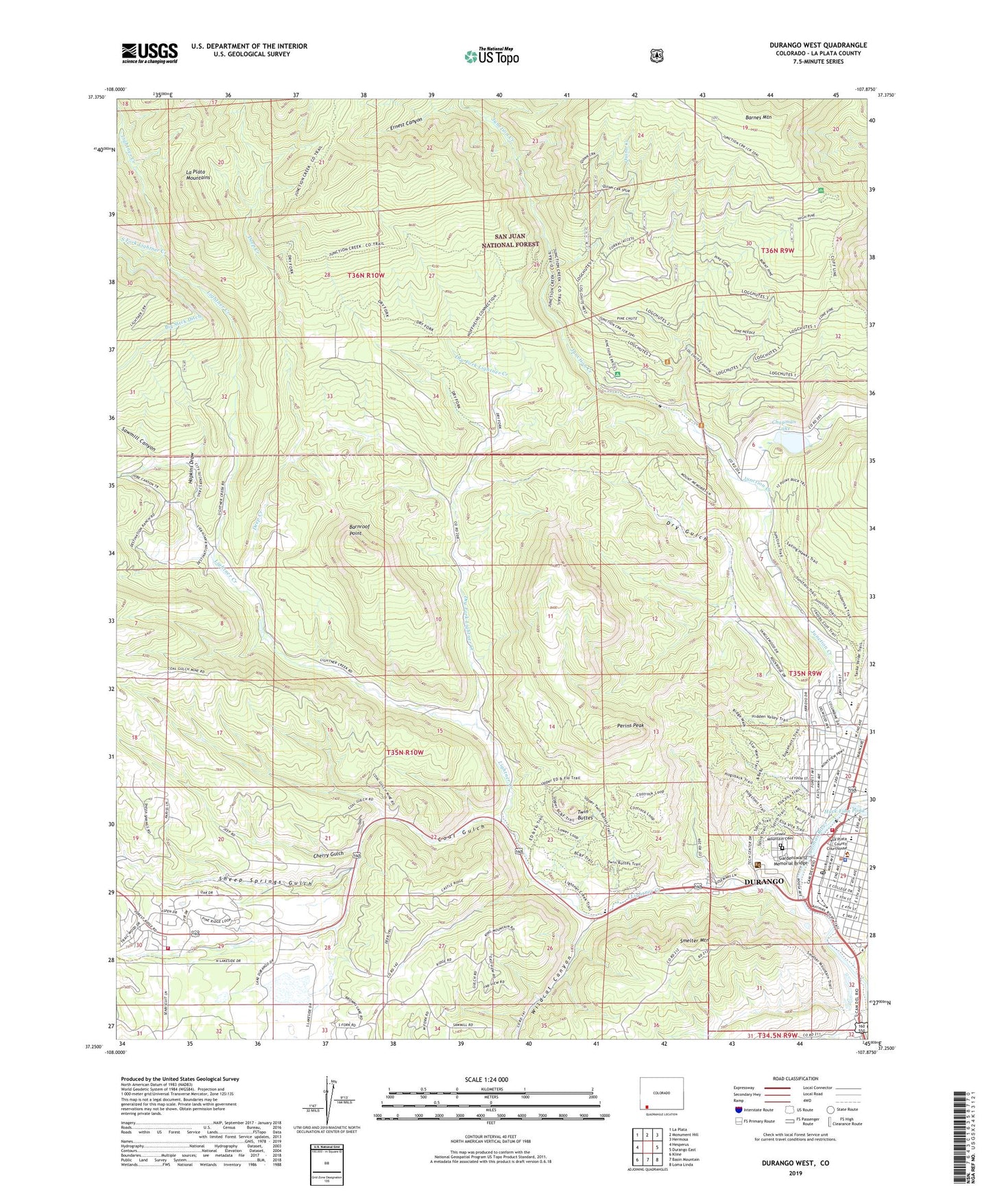 Durango West Colorado US Topo Map Image