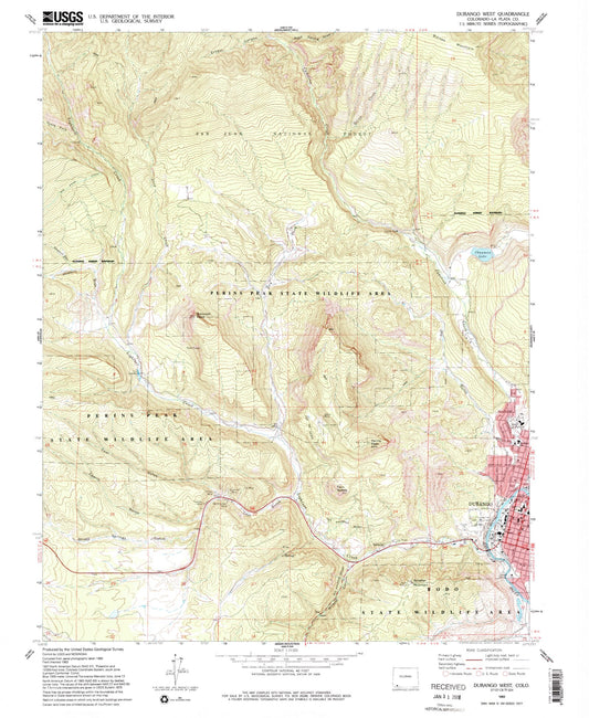 Classic USGS Durango West Colorado 7.5'x7.5' Topo Map Image