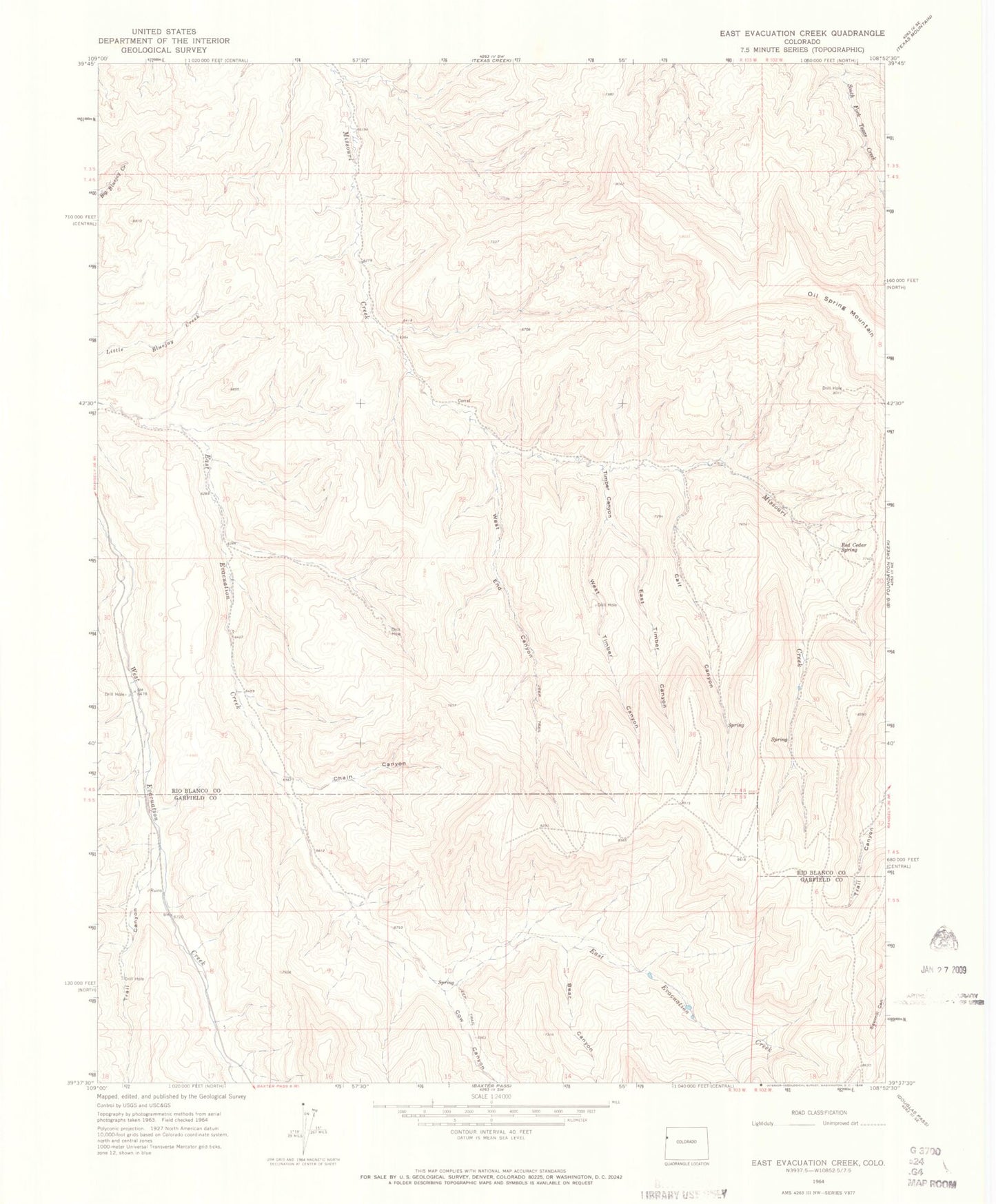 Classic USGS East Evacuation Creek Colorado 7.5'x7.5' Topo Map Image