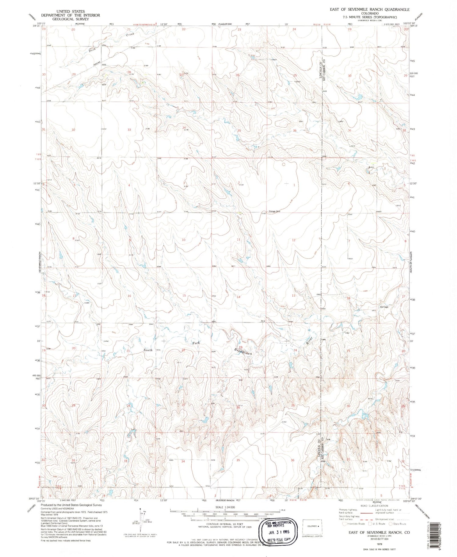 Classic USGS East of Sevenmile Ranch Colorado 7.5'x7.5' Topo Map Image