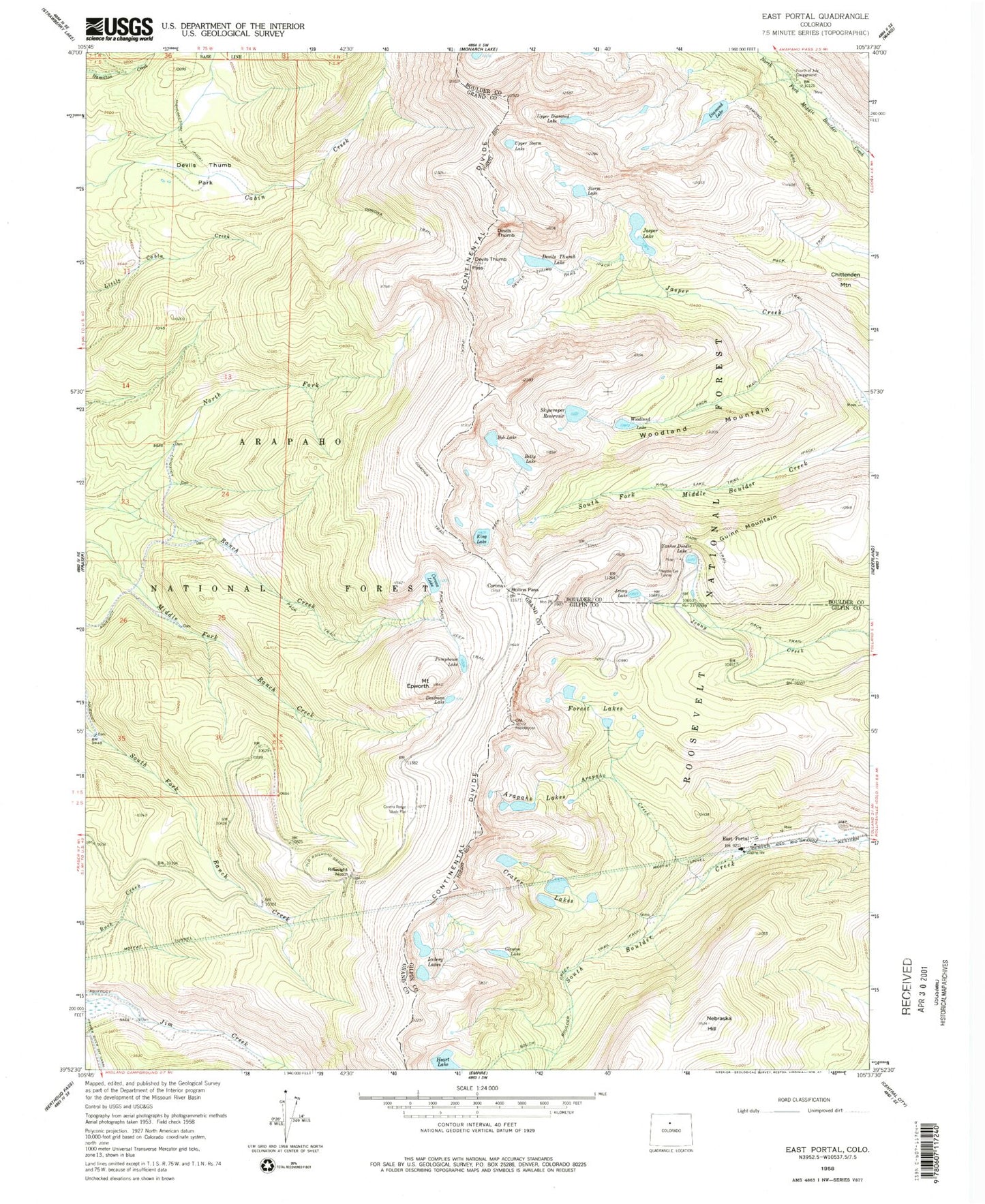 USGS Classic East Portal Colorado 7.5'x7.5' Topo Map Image