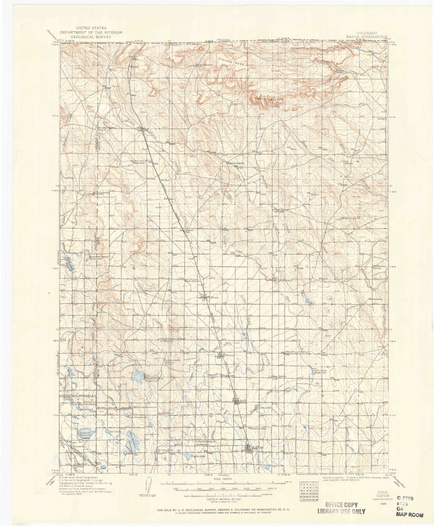 Historic 1908 Eaton Colorado 30'x30' Topo Map Image