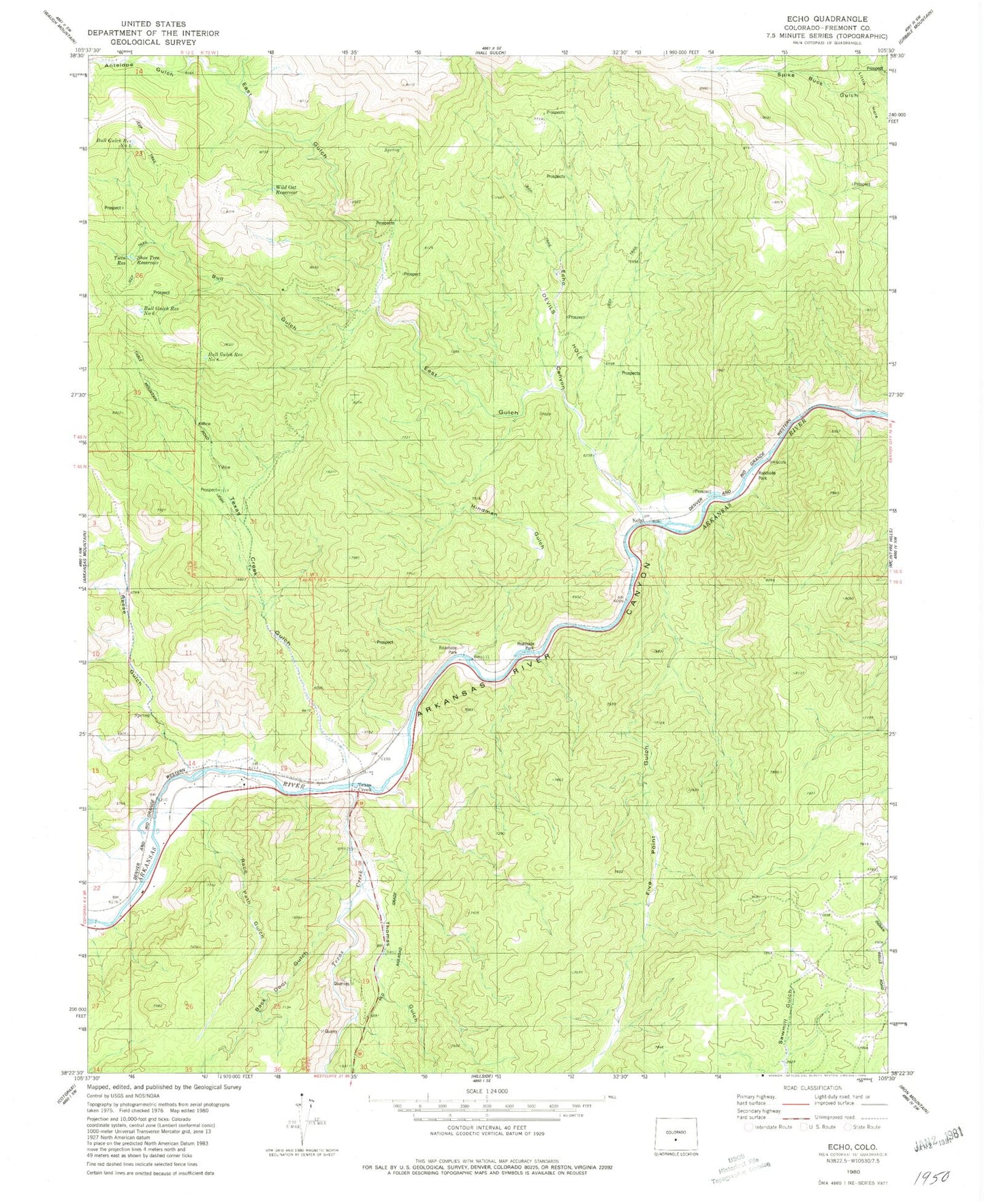 Classic USGS Echo Colorado 7.5'x7.5' Topo Map Image