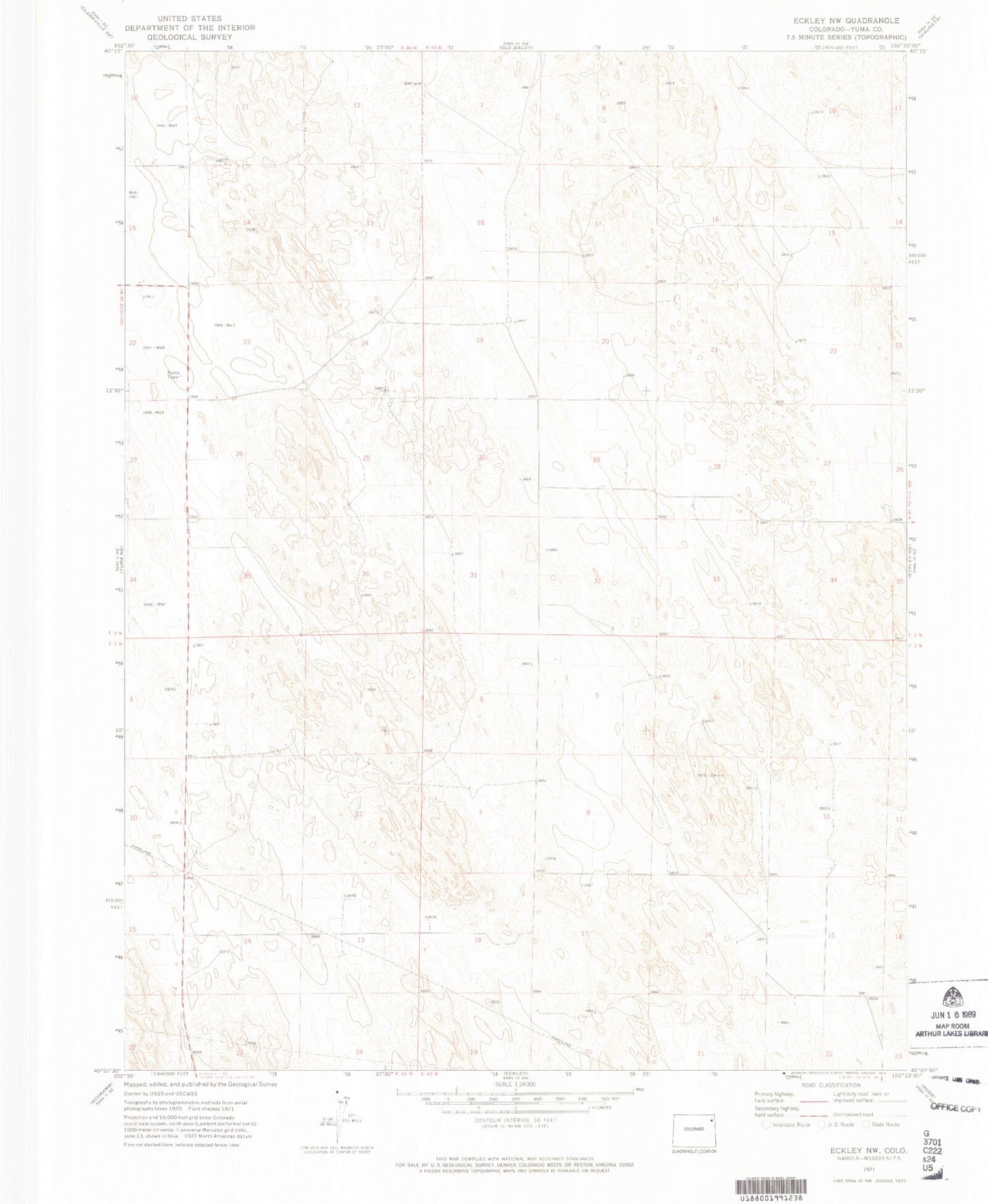 Classic USGS Eckley NW Colorado 7.5'x7.5' Topo Map Image