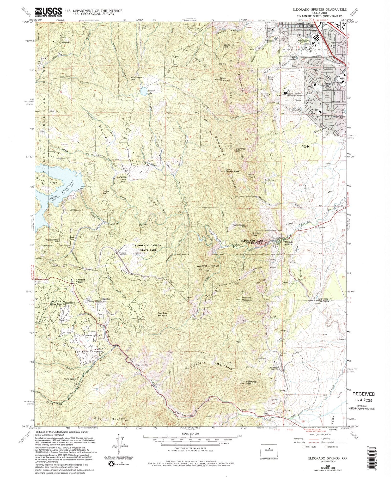 Classic USGS Eldorado Springs Colorado 7.5'x7.5' Topo Map Image