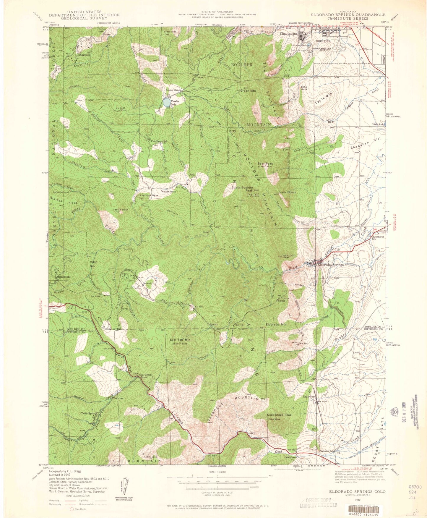 Classic USGS Eldorado Springs Colorado 7.5'x7.5' Topo Map Image