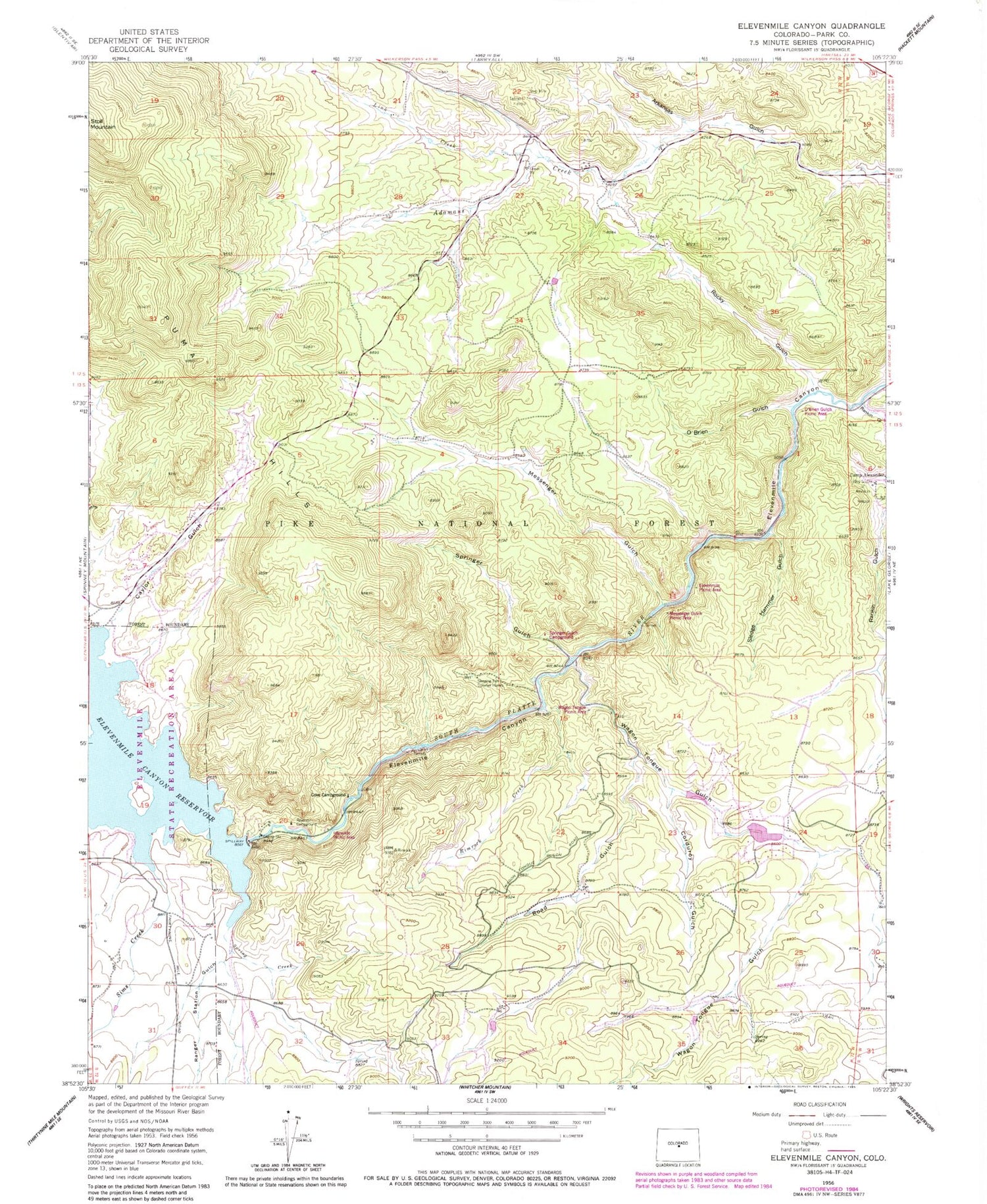 Classic USGS Elevenmile Canyon Colorado 7.5'x7.5' Topo Map Image