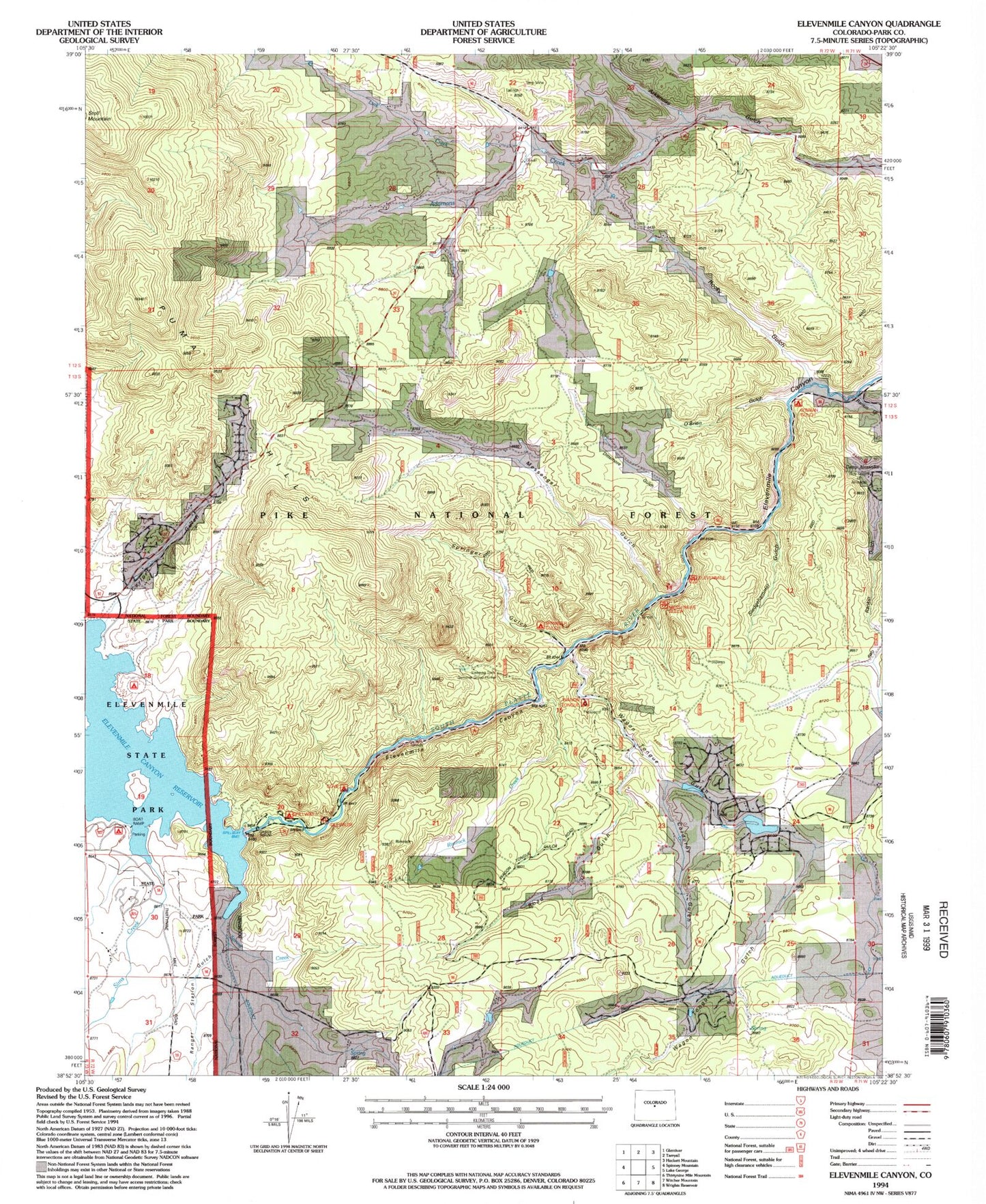 Classic USGS Elevenmile Canyon Colorado 7.5'x7.5' Topo Map Image