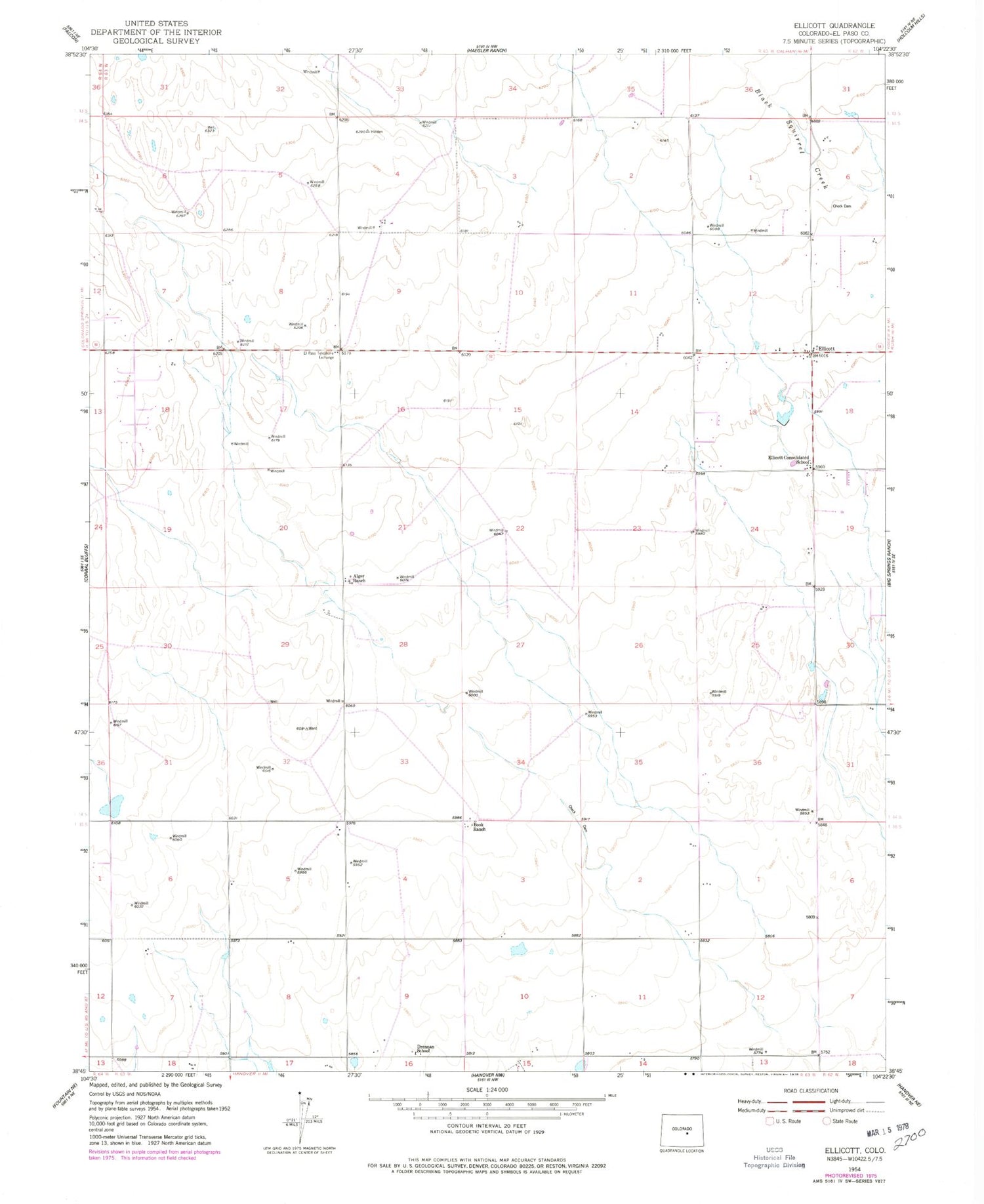 Classic USGS Ellicott Colorado 7.5'x7.5' Topo Map Image