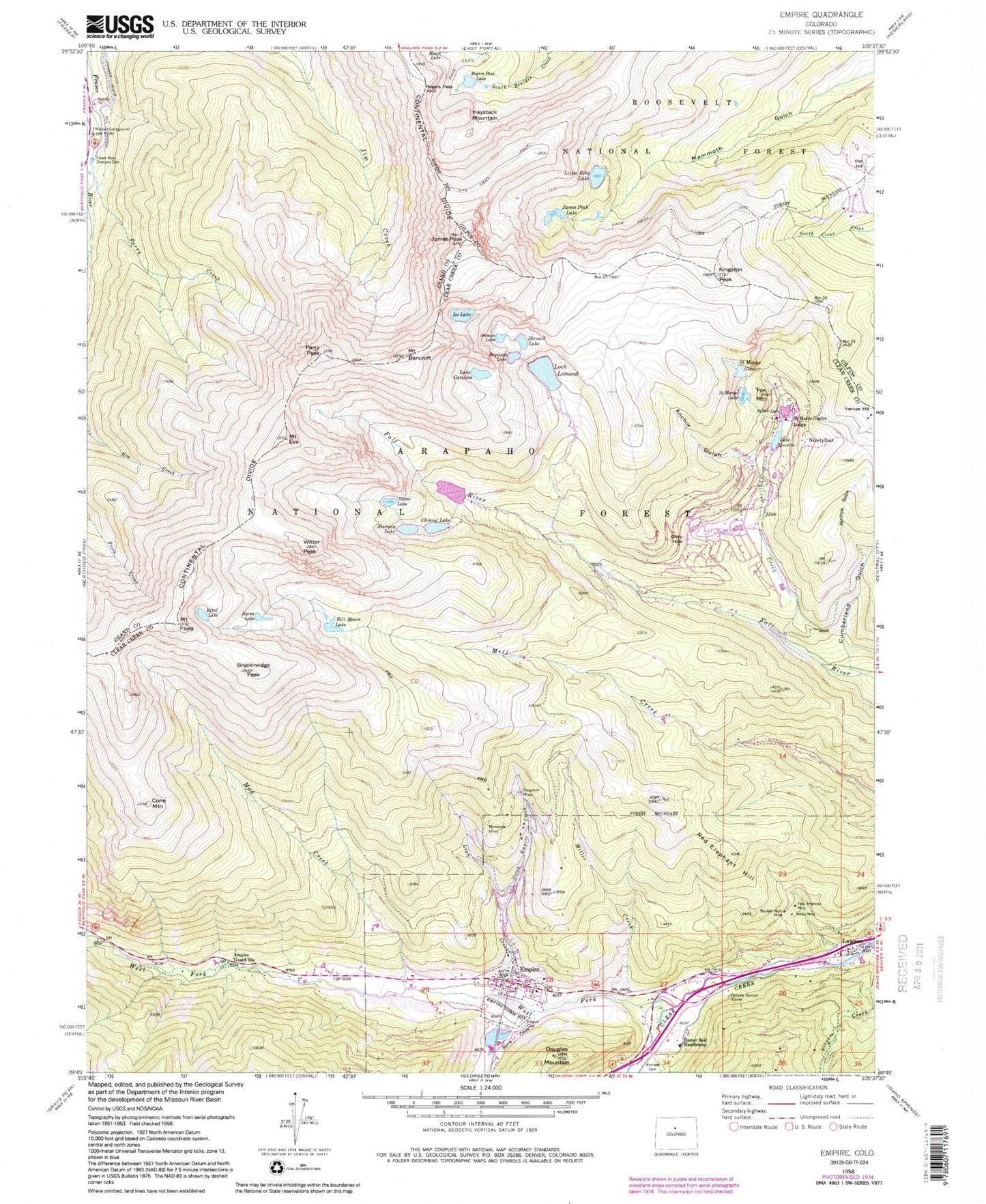 Classic USGS Empire Colorado 7.5'x7.5' Topo Map Image