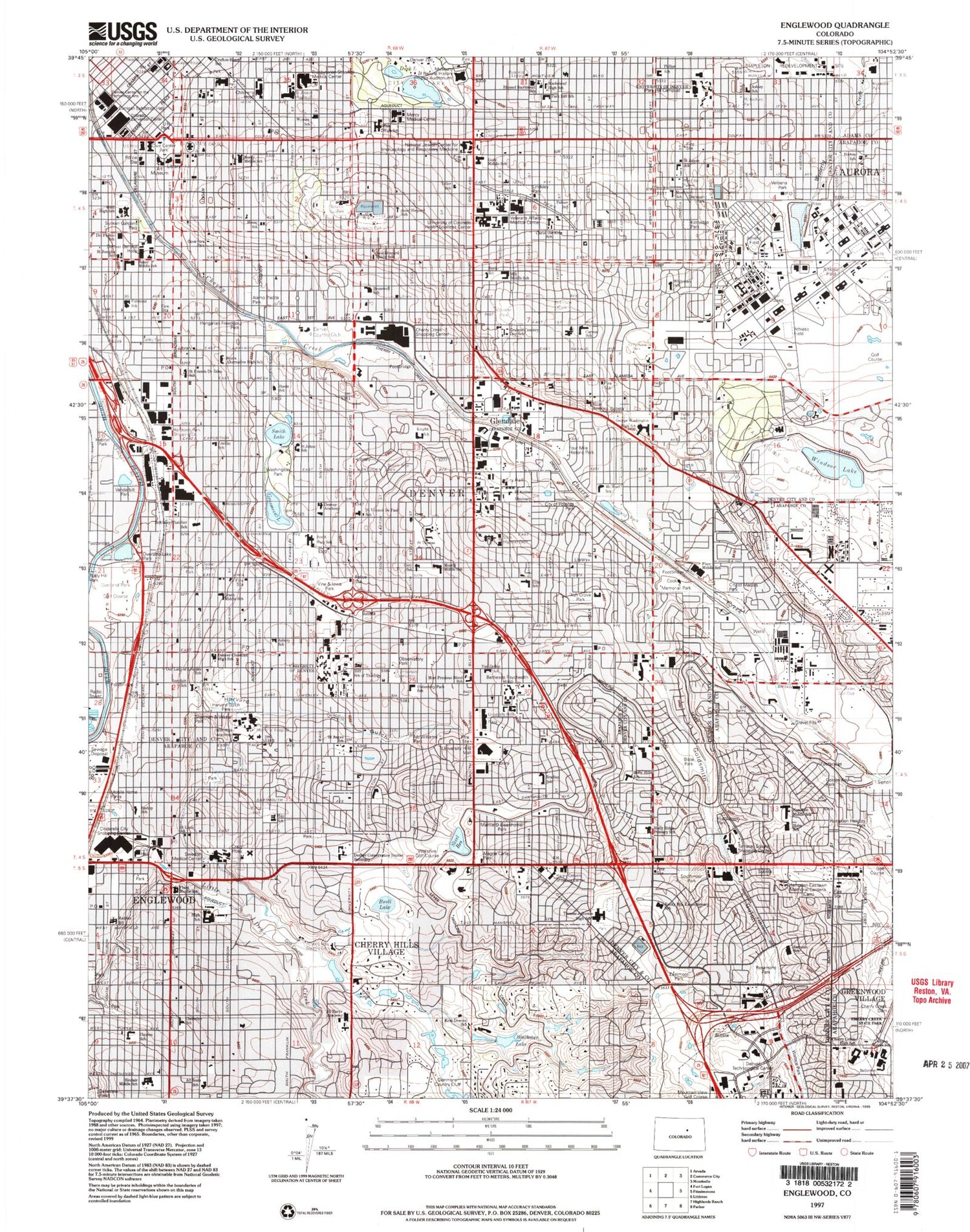 Classic USGS Englewood Colorado 7.5'x7.5' Topo Map Image
