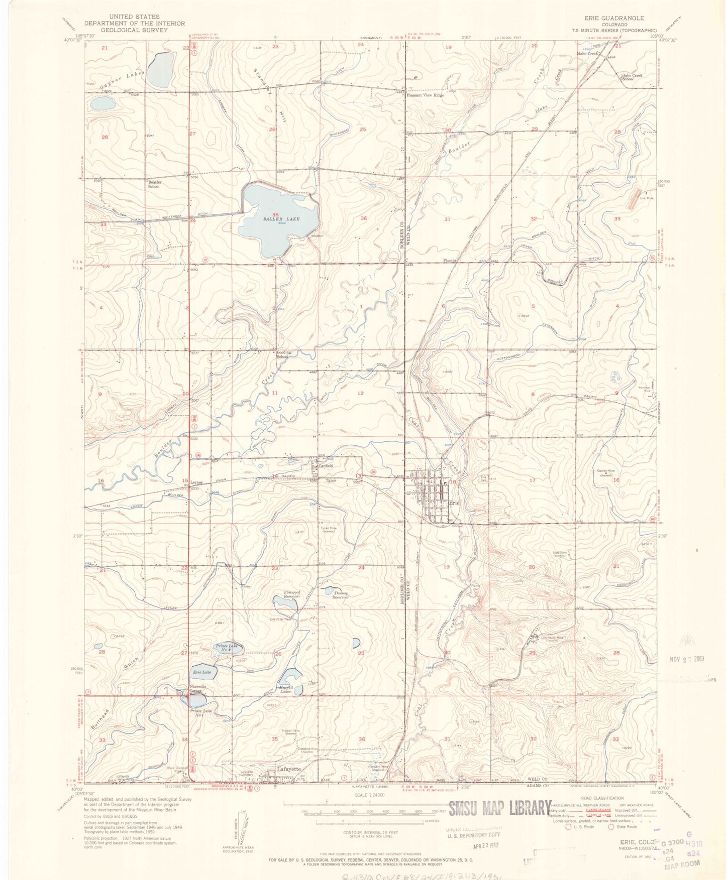 Classic USGS Erie Colorado 7.5'x7.5' Topo Map Image