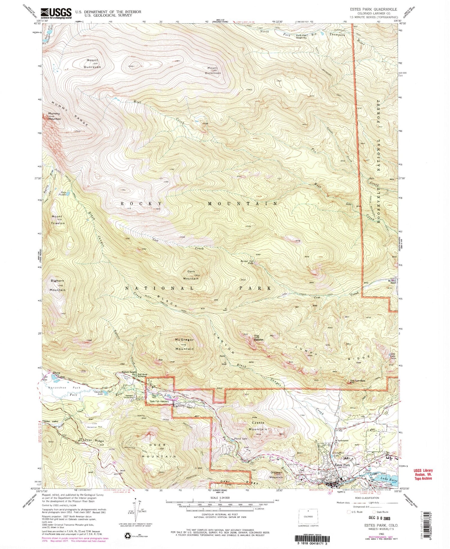 Classic USGS Estes Park Colorado 7.5'x7.5' Topo Map Image