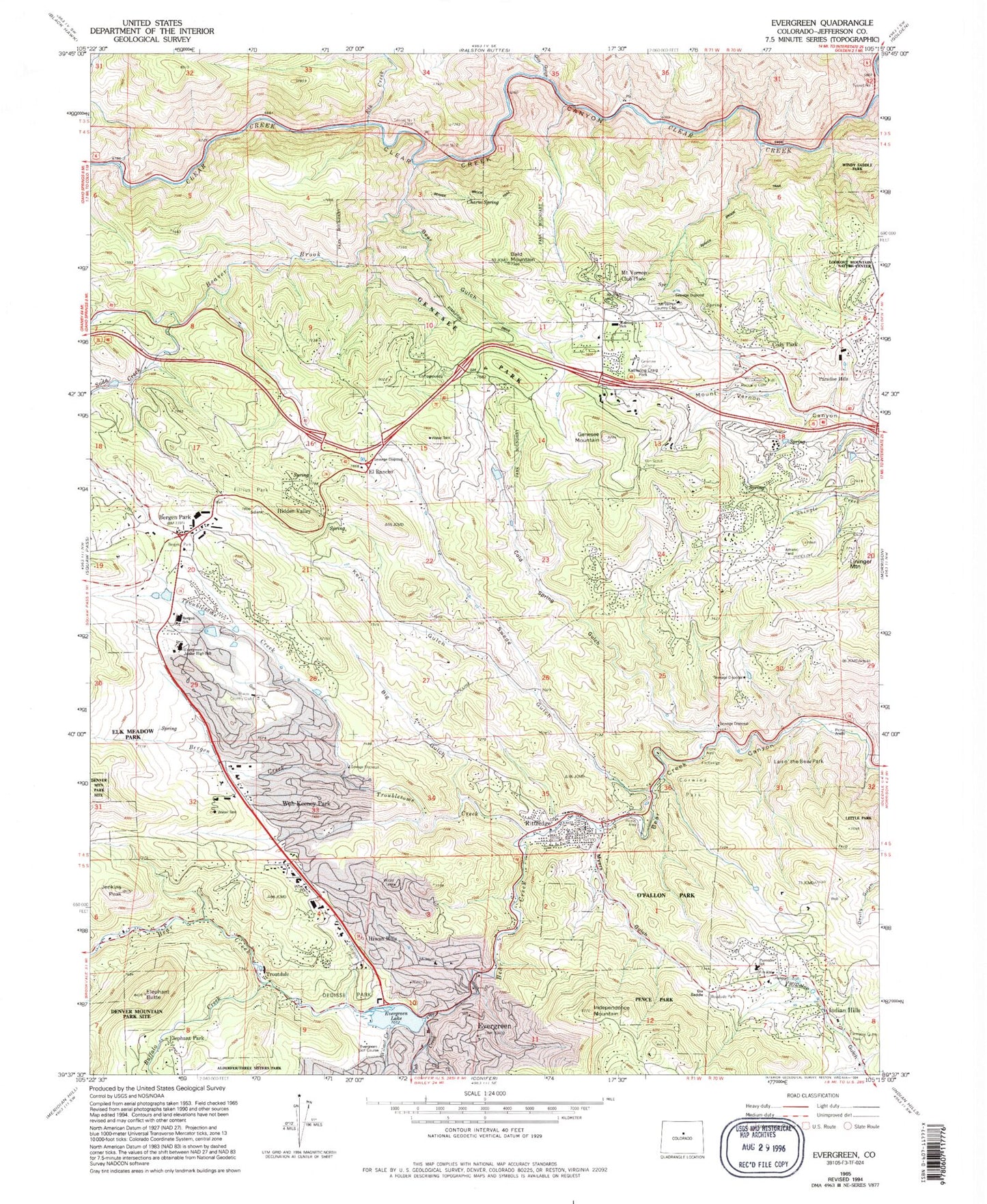 Classic USGS Evergreen Colorado 7.5'x7.5' Topo Map Image