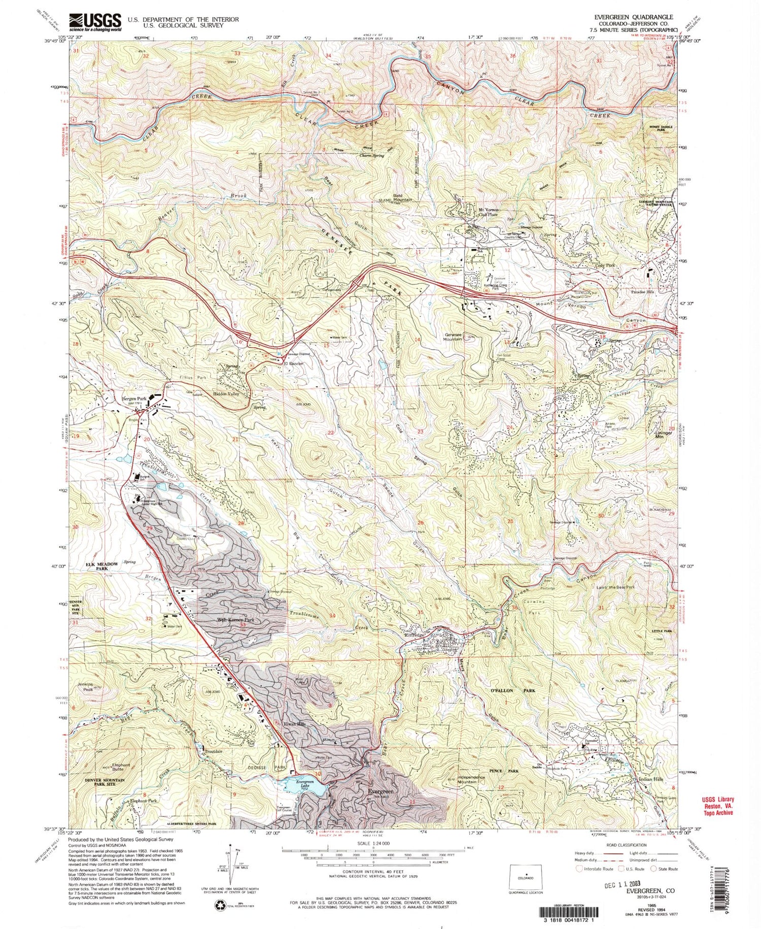 Classic USGS Evergreen Colorado 7.5'x7.5' Topo Map Image