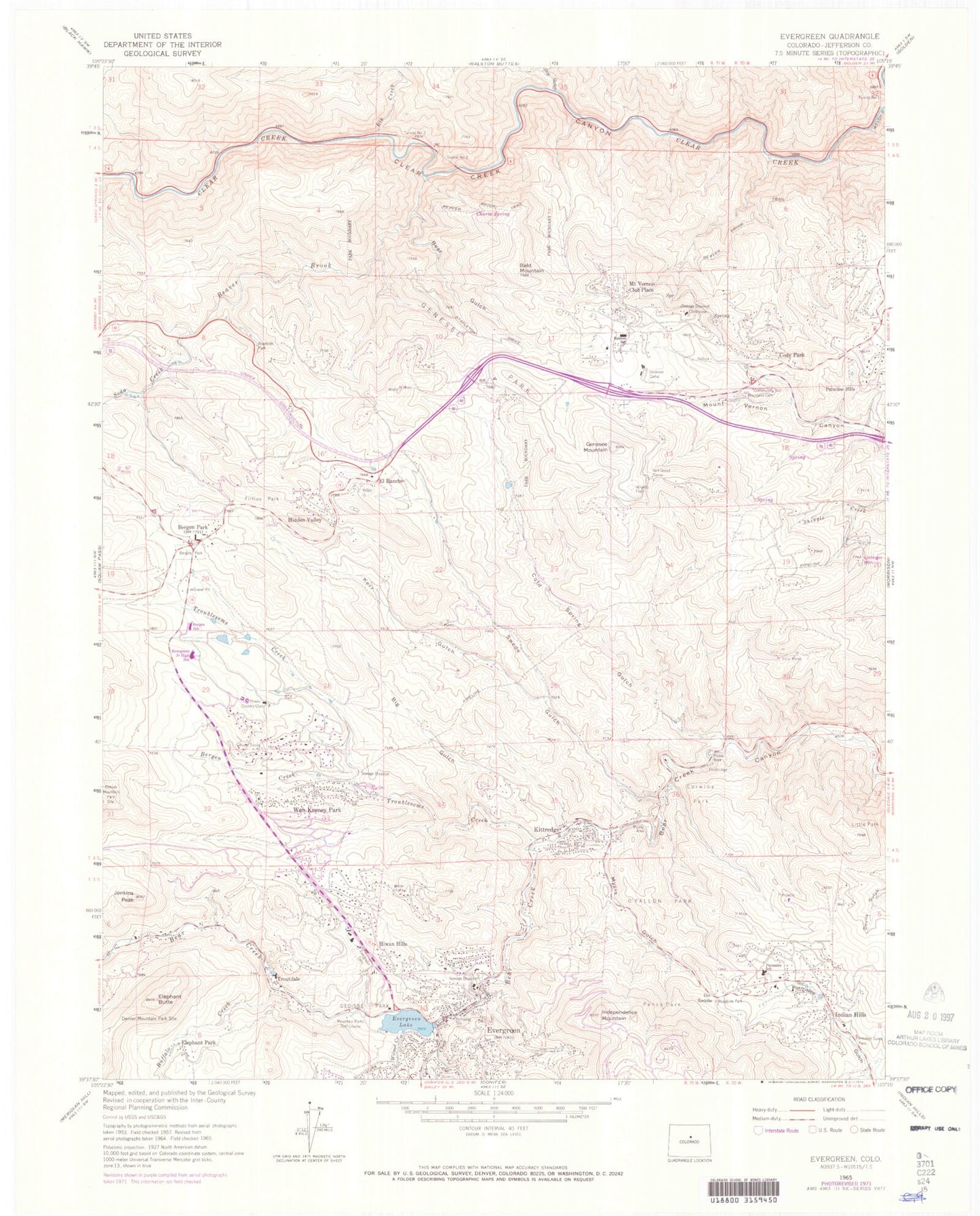 Classic USGS Evergreen Colorado 7.5'x7.5' Topo Map Image