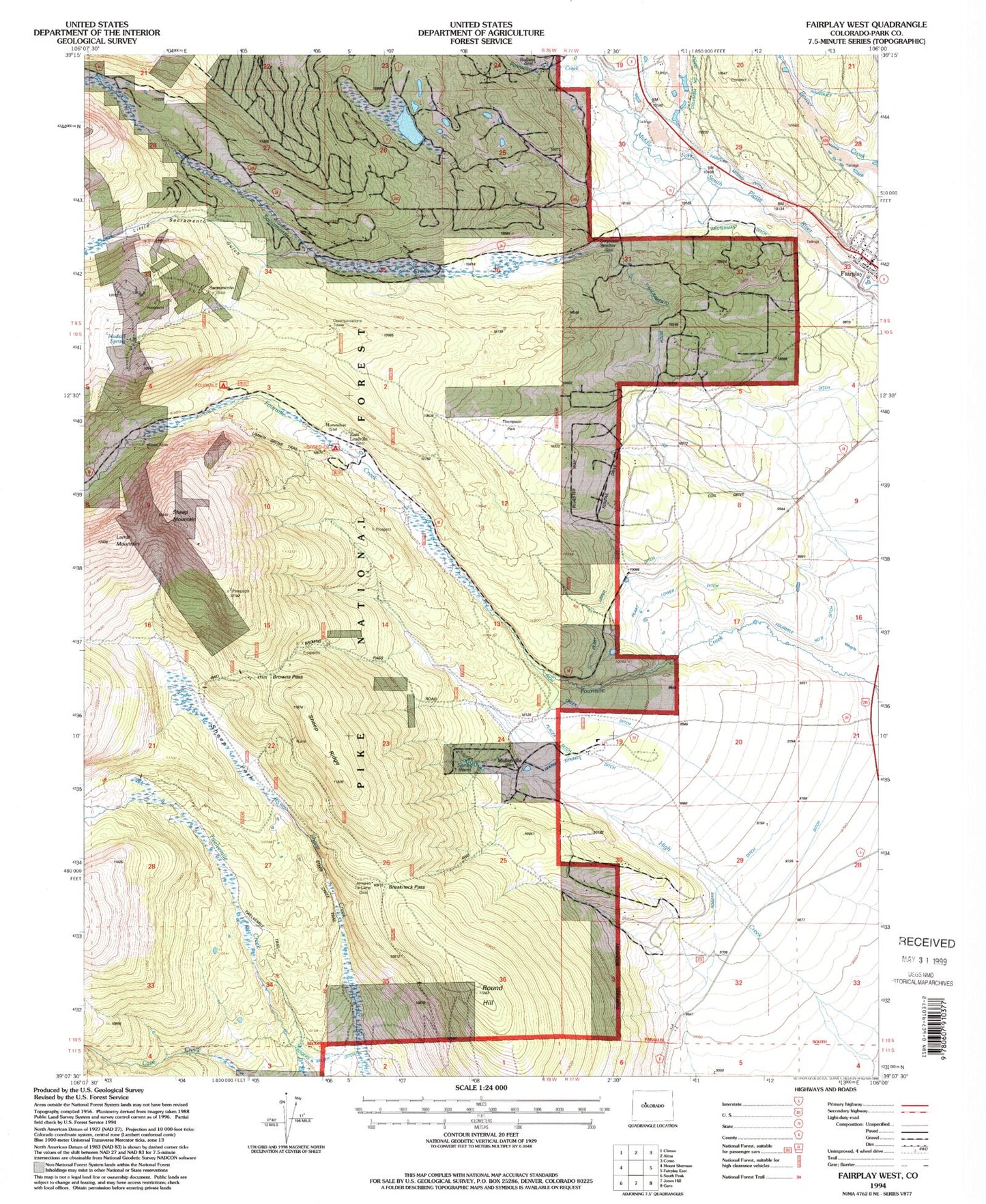 Classic USGS Fairplay West Colorado 7.5'x7.5' Topo Map Image