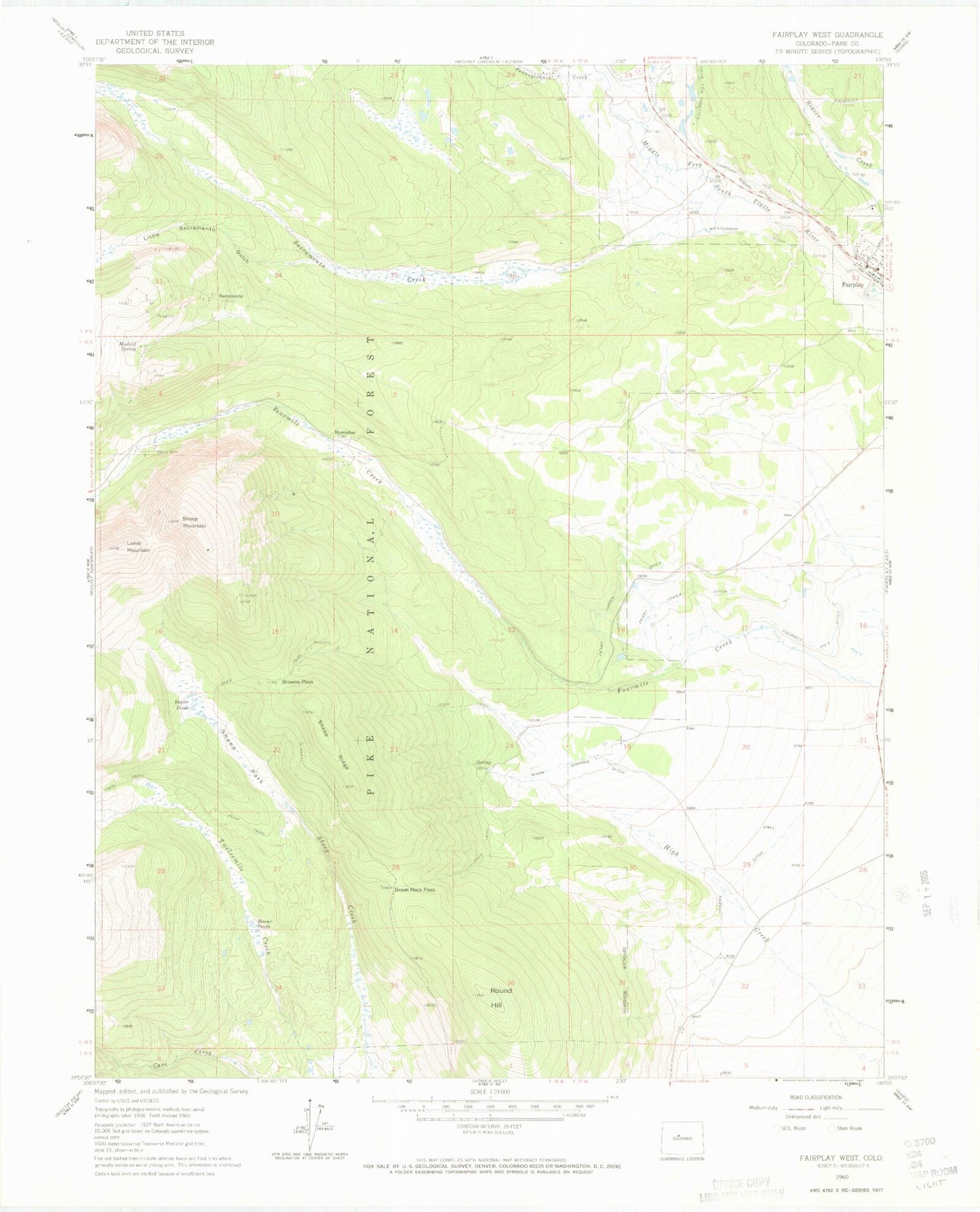 Classic USGS Fairplay West Colorado 7.5'x7.5' Topo Map Image