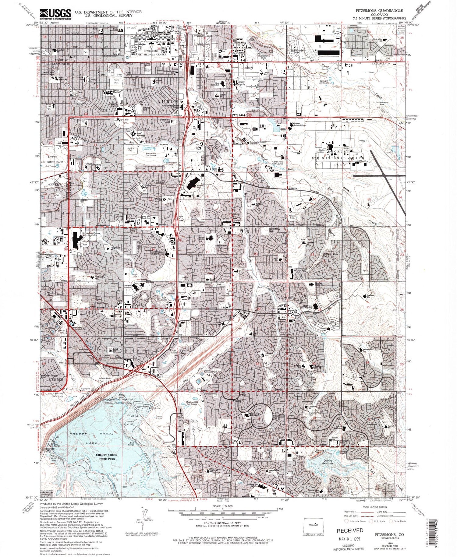 Classic USGS Fitzsimons Colorado 7.5'x7.5' Topo Map Image